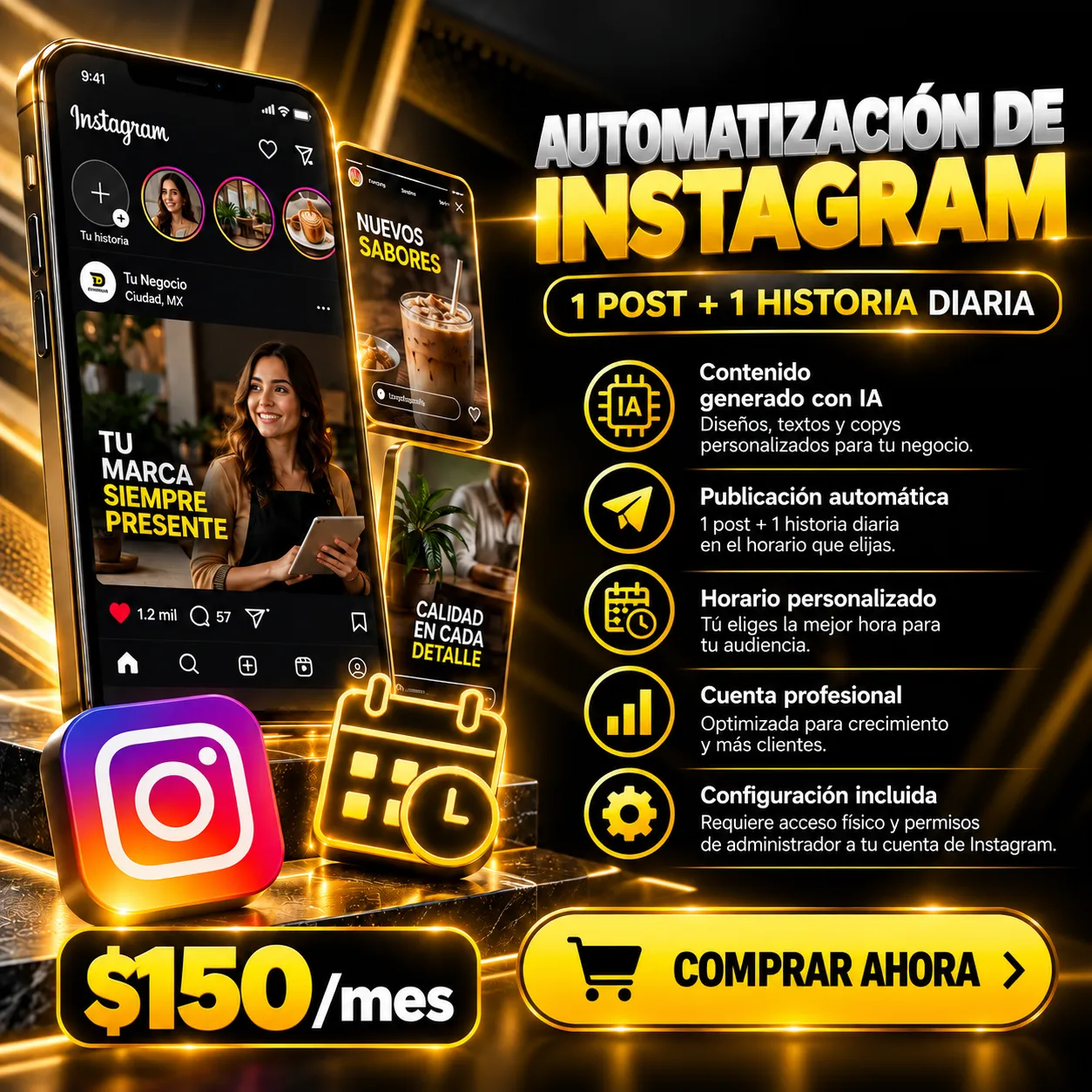 Flyer de Automatización de Instagram de Digitals Tools: 1 post más 1 historia diaria con contenido generado con IA y publicación automática, $150 al mes, con botón de Comprar ahora