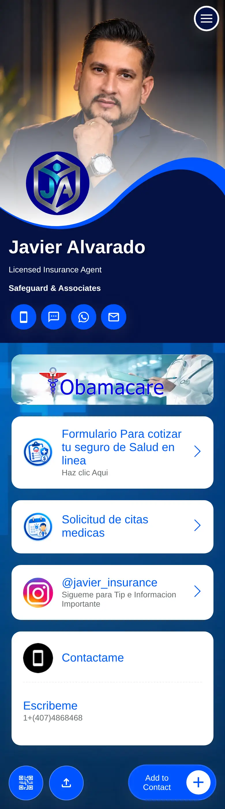 Tarjeta digital de Javier Alvarado