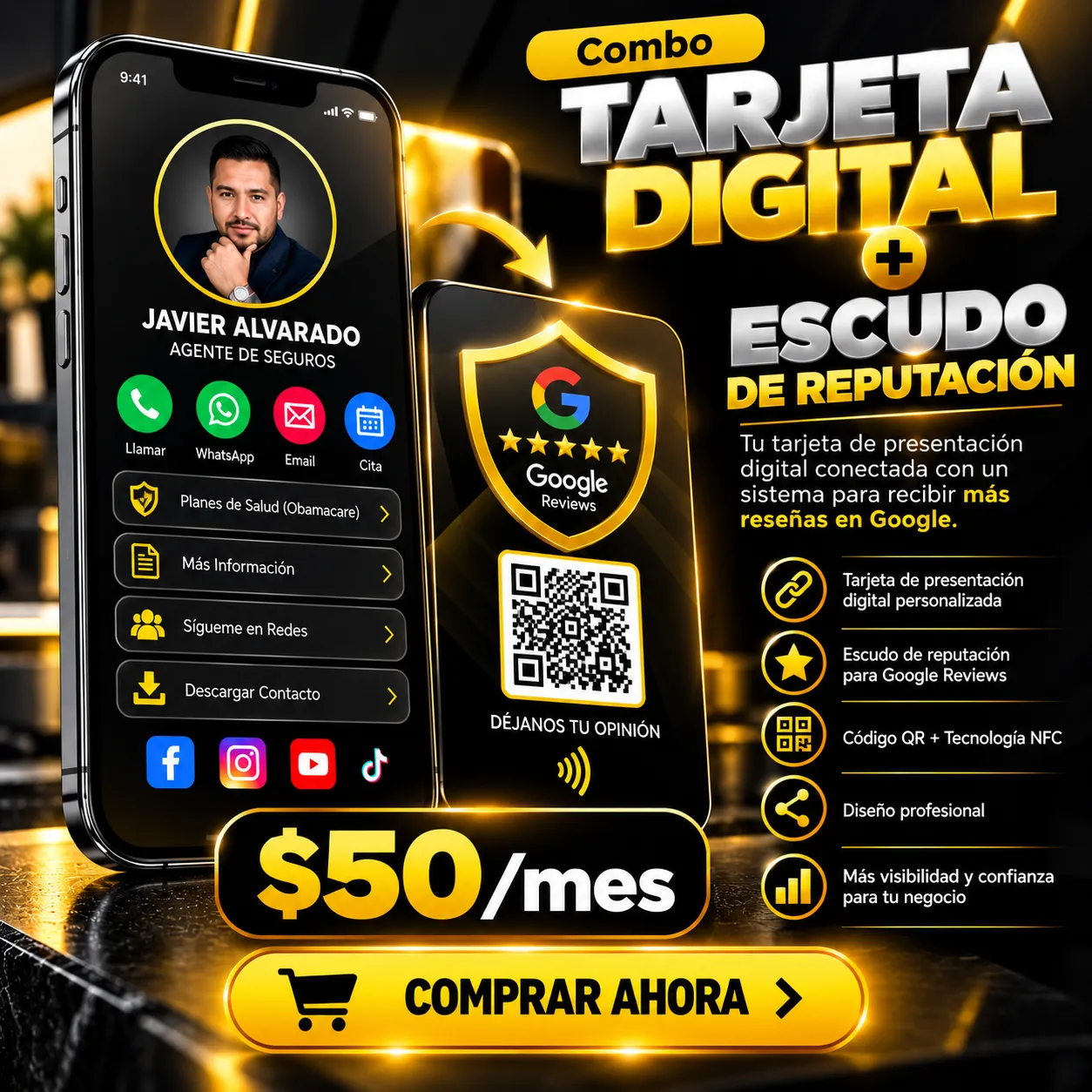 Flyer de Digitals Tools: combo de tarjeta de presentación digital más Escudo de Reputación por $50 al mes, con botón dorado de Comprar ahora