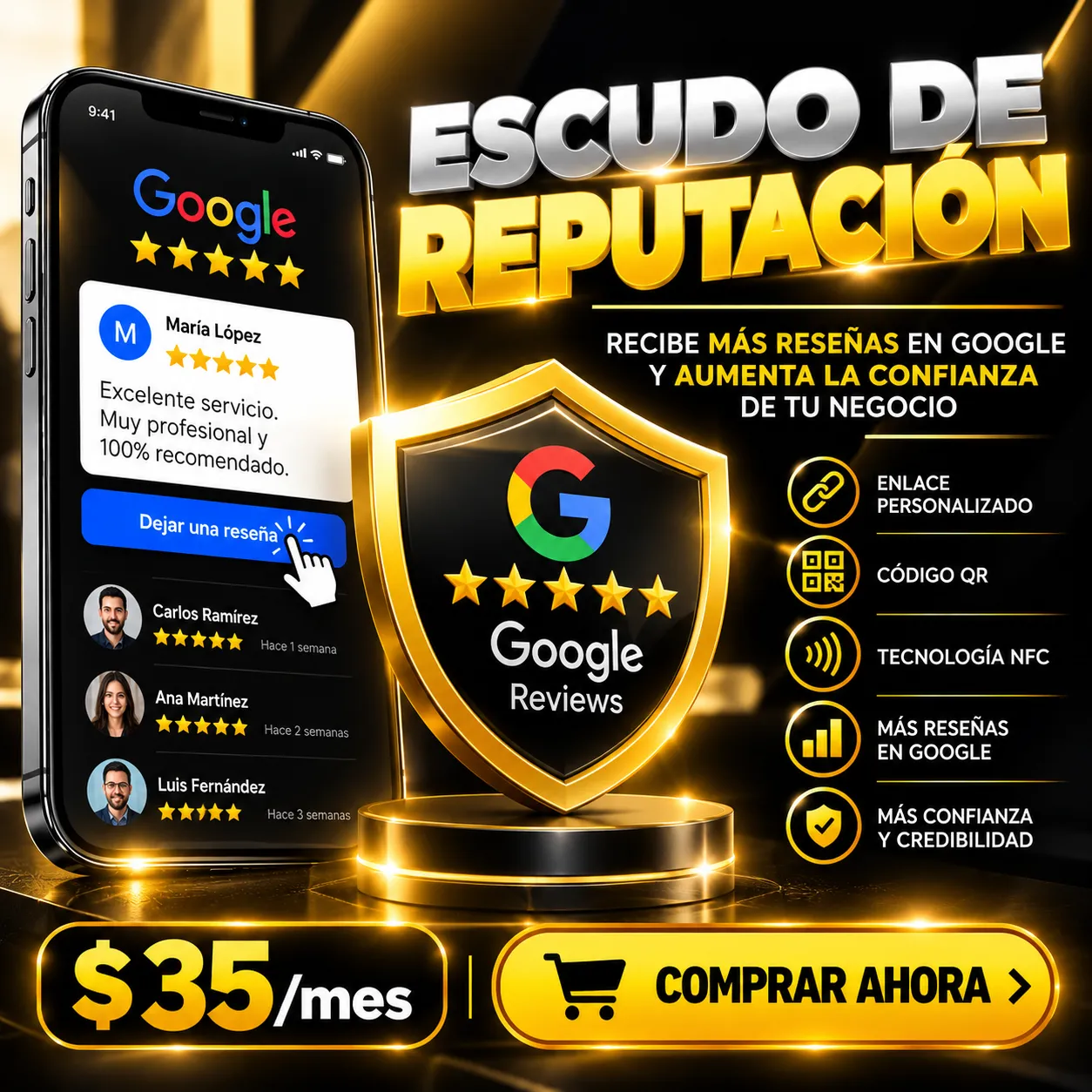Flyer del Escudo de Reputación de Digitals Tools: escudo dorado de Google Reviews, $35 al mes, con botón dorado de Comprar ahora