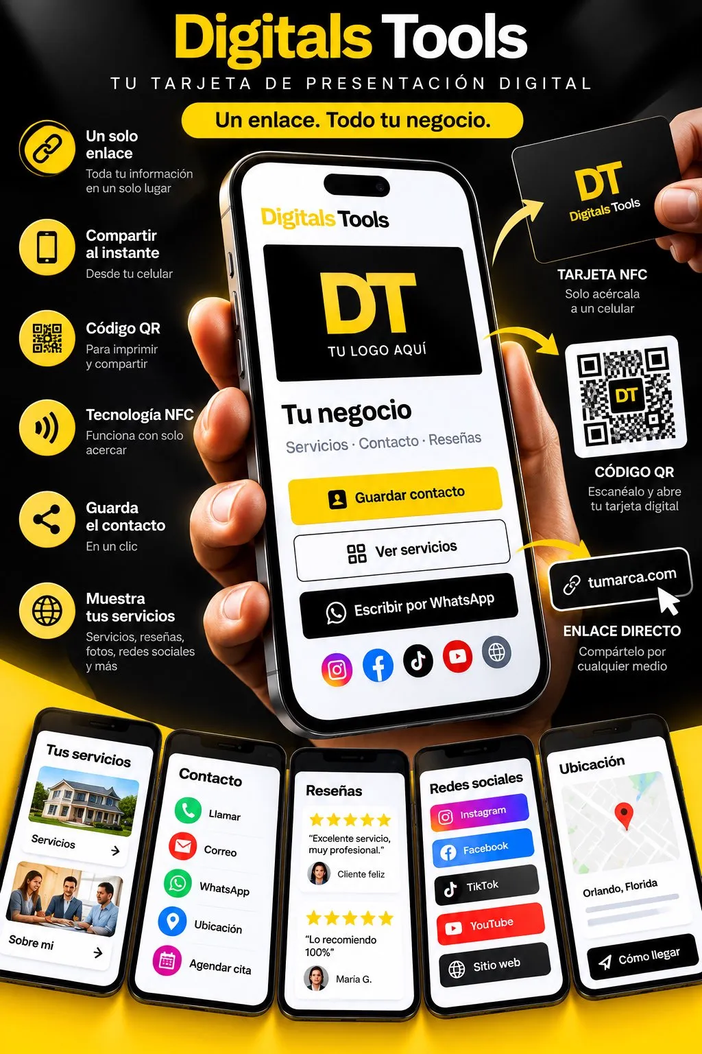 Flyer de Digitals Tools: tarjeta de presentación digital con un solo enlace, tarjeta NFC, código QR y pantallas de servicios, contacto, reseñas, redes sociales y ubicación