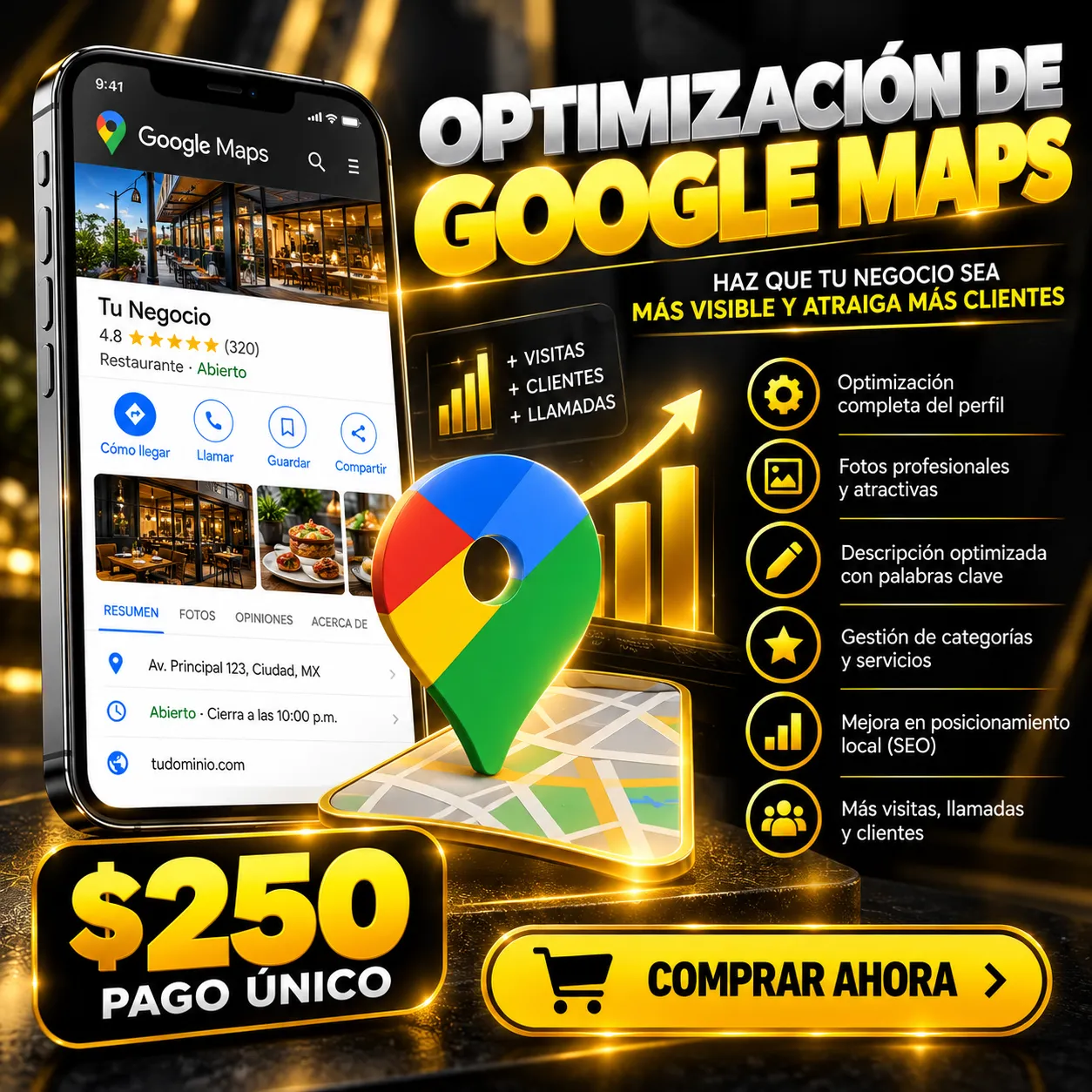 Flyer de Optimización de Google Maps de Digitals Tools: haz que tu negocio sea más visible y atraiga más clientes, optimización completa del perfil, fotos profesionales, descripción con palabras clave, gestión de categorías y posicionamiento local, $250 pago único, con botón dorado de Comprar ahora