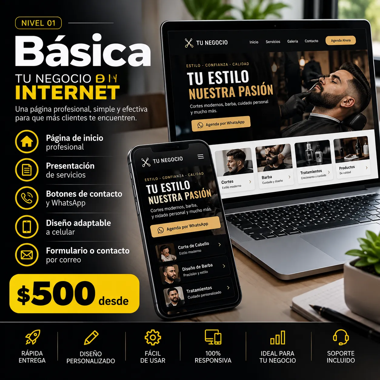 Flyer de Página web Básica de Digitals Tools: tu negocio merece una página web profesional, diseño moderno adaptable a todos los dispositivos, $500 pago único, con botón dorado de Comprar ahora