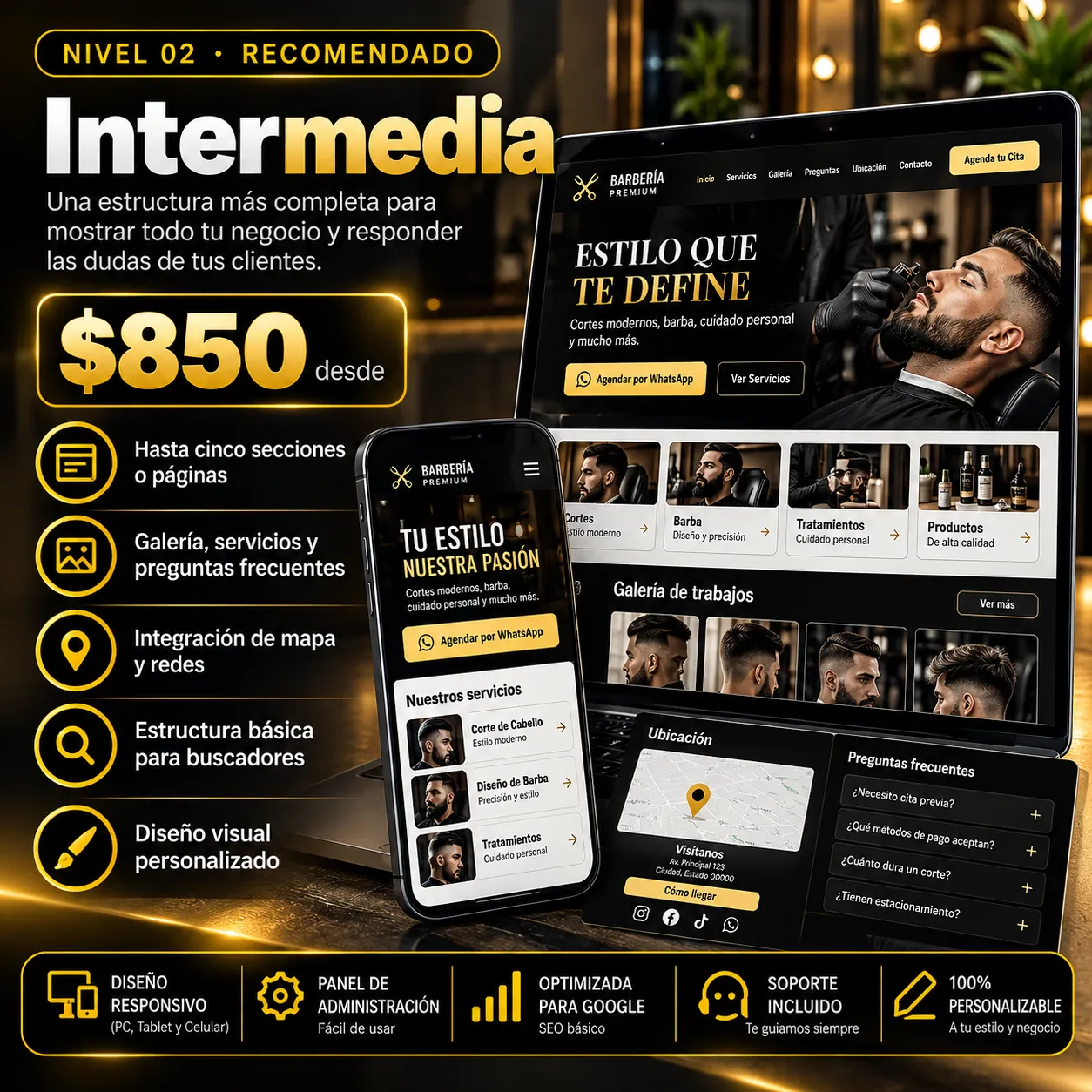 Flyer de Página web Intermedia de Digitals Tools: una estructura más completa para mostrar todo tu negocio y responder las dudas de tus clientes, $850 desde, hasta cinco secciones o páginas, galería, servicios y preguntas frecuentes, con botón dorado de Comprar ahora