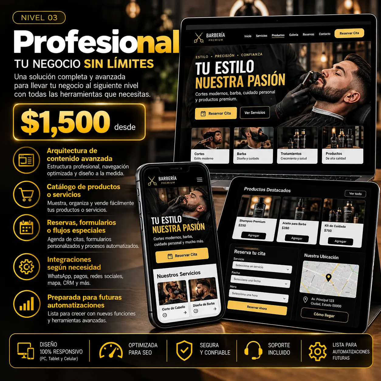Flyer de Página web Profesional de Digitals Tools: tu negocio sin límites, una solución completa y avanzada, $1,500 desde, arquitectura de contenido avanzada, catálogo de productos o servicios, reservas y formularios, integraciones y preparada para futuras automatizaciones, con botón dorado de Comprar ahora