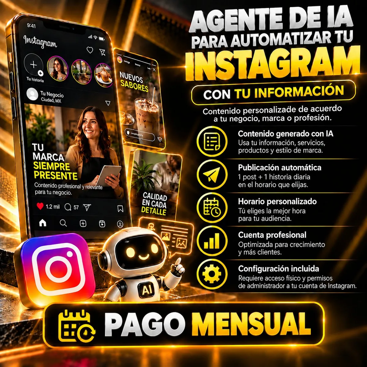 Flyer de Automatización de Instagram de Digitals Tools: 1 post más 1 historia diaria con contenido generado con IA y publicación automática, pago mensual