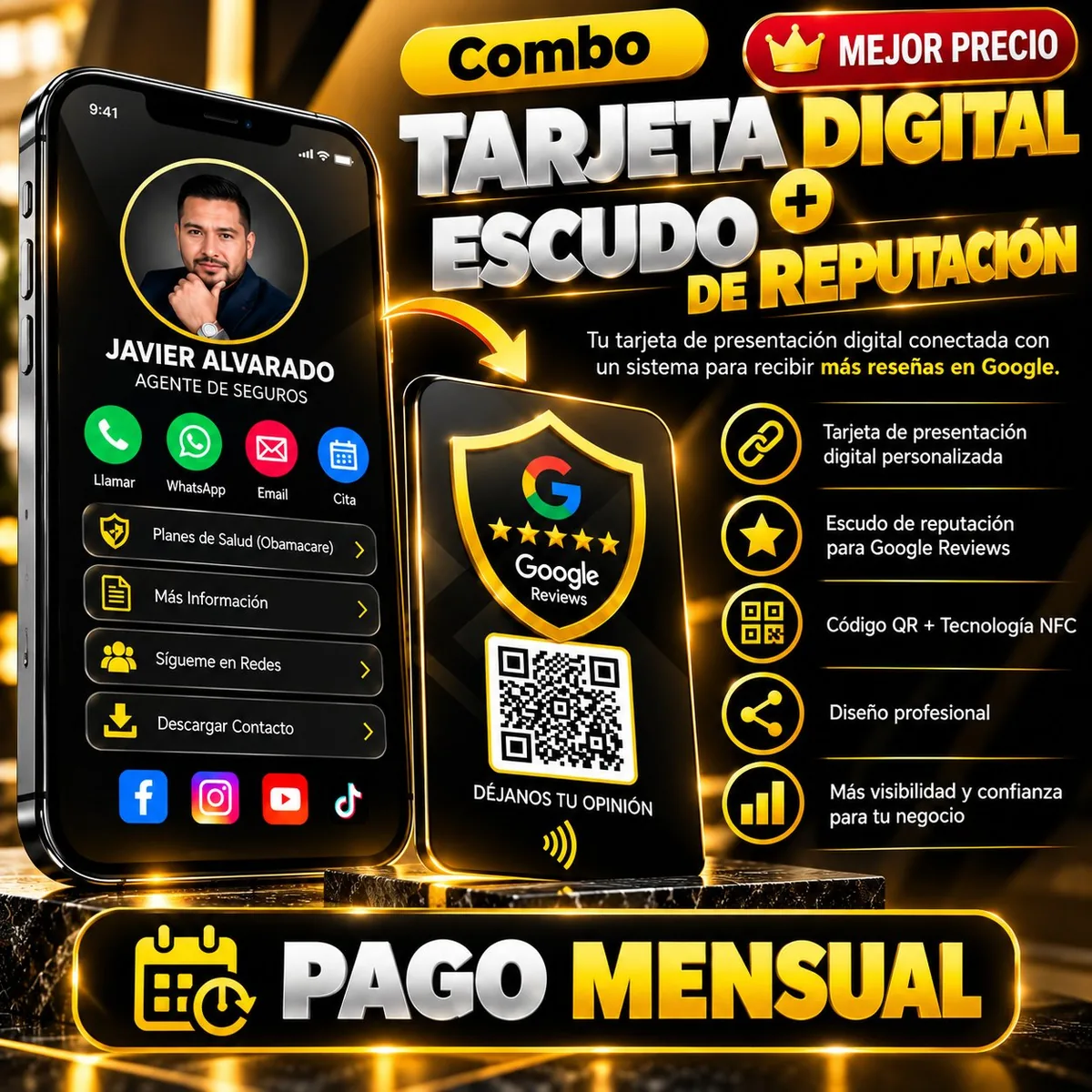 Flyer del Combo Tarjeta digital + Escudo de Digitals Tools: tarjeta con código QR, display de mesa y reseñas de Google en un solo plan