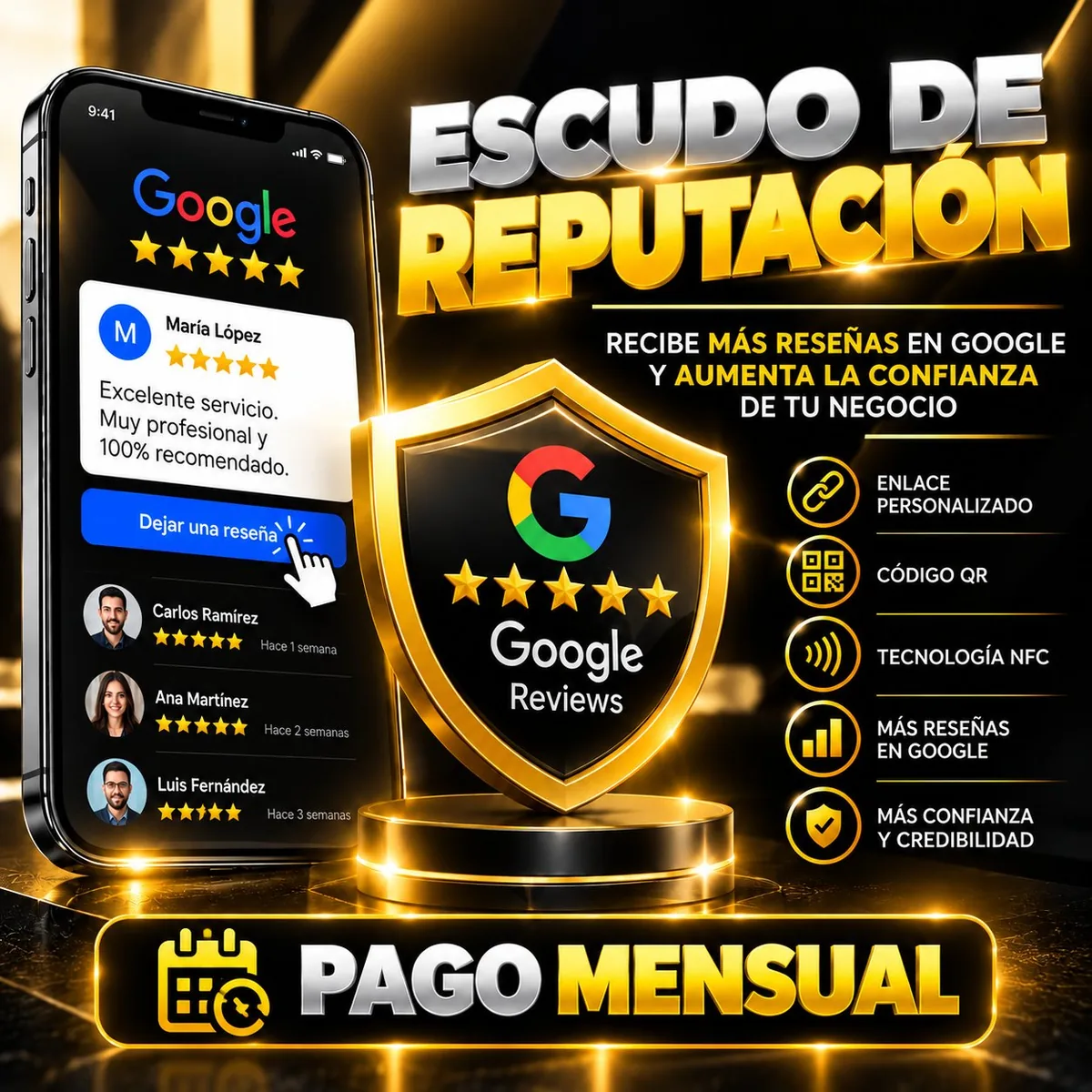 Flyer del Escudo de Reputación de Digitals Tools: escudo dorado de Google Reviews para conseguir más reseñas y aumentar tus ventas