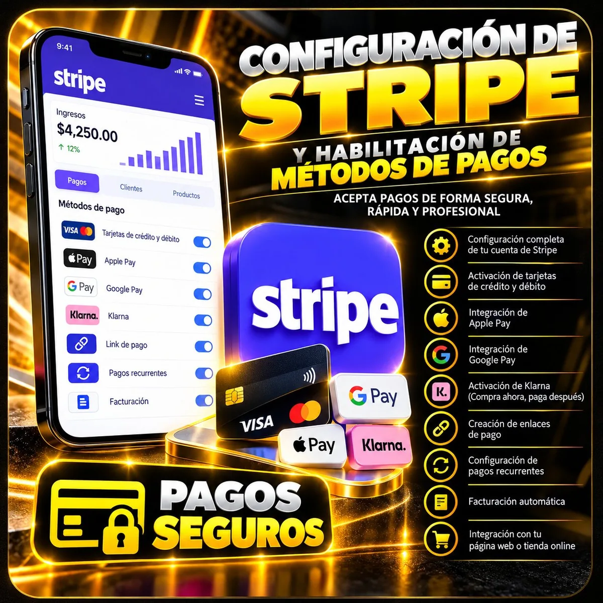 Flyer de Cobra con tarjeta y Klarna de Digitals Tools: configuración completa de tu cuenta de Stripe, pagos con tarjeta y Klarna, hasta 3 botones de pago creados, pago único