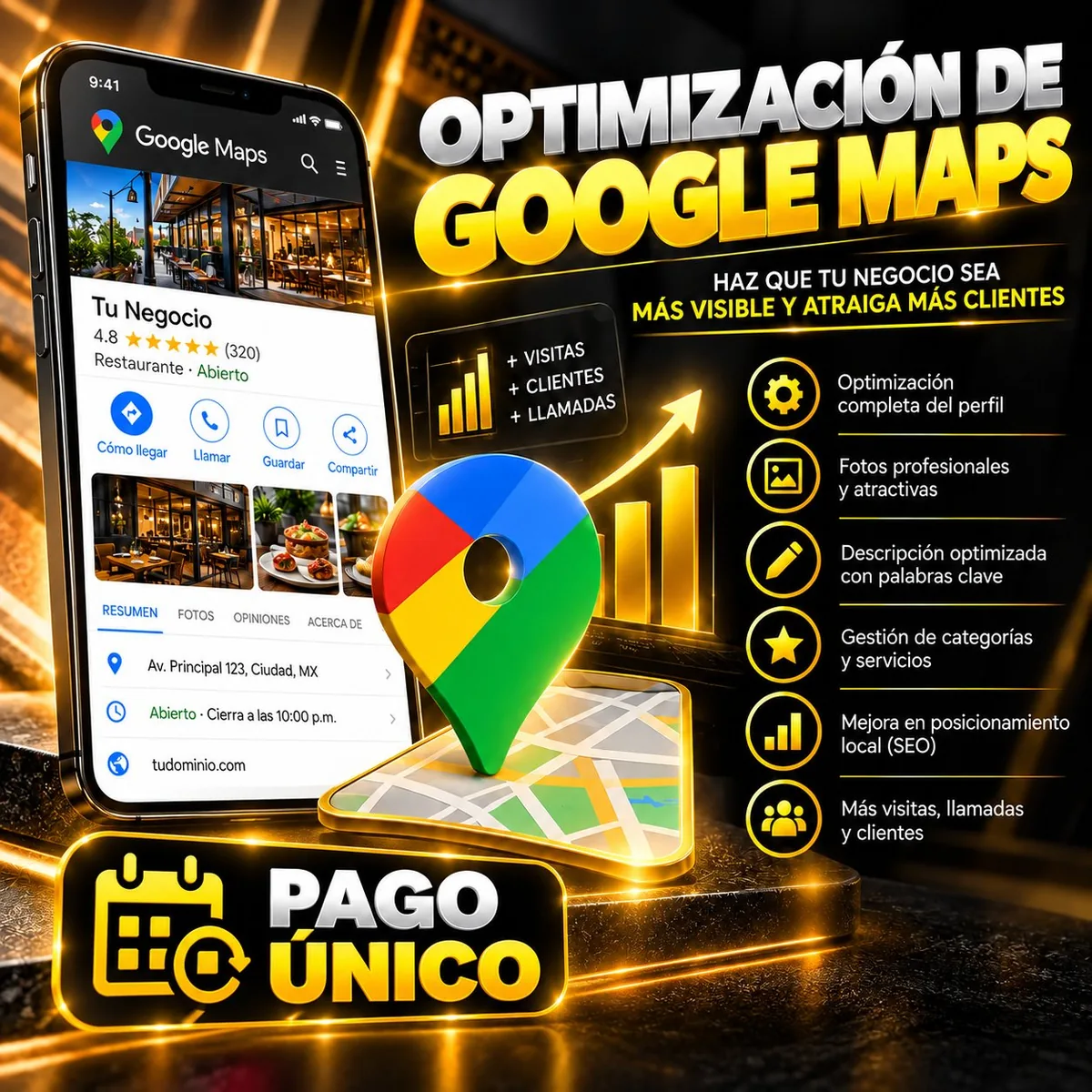 Flyer de Optimización de Google Maps de Digitals Tools: haz que tu negocio sea más visible y atraiga más clientes, optimización completa del perfil, fotos profesionales, descripción con palabras clave, gestión de categorías y posicionamiento local, pago único