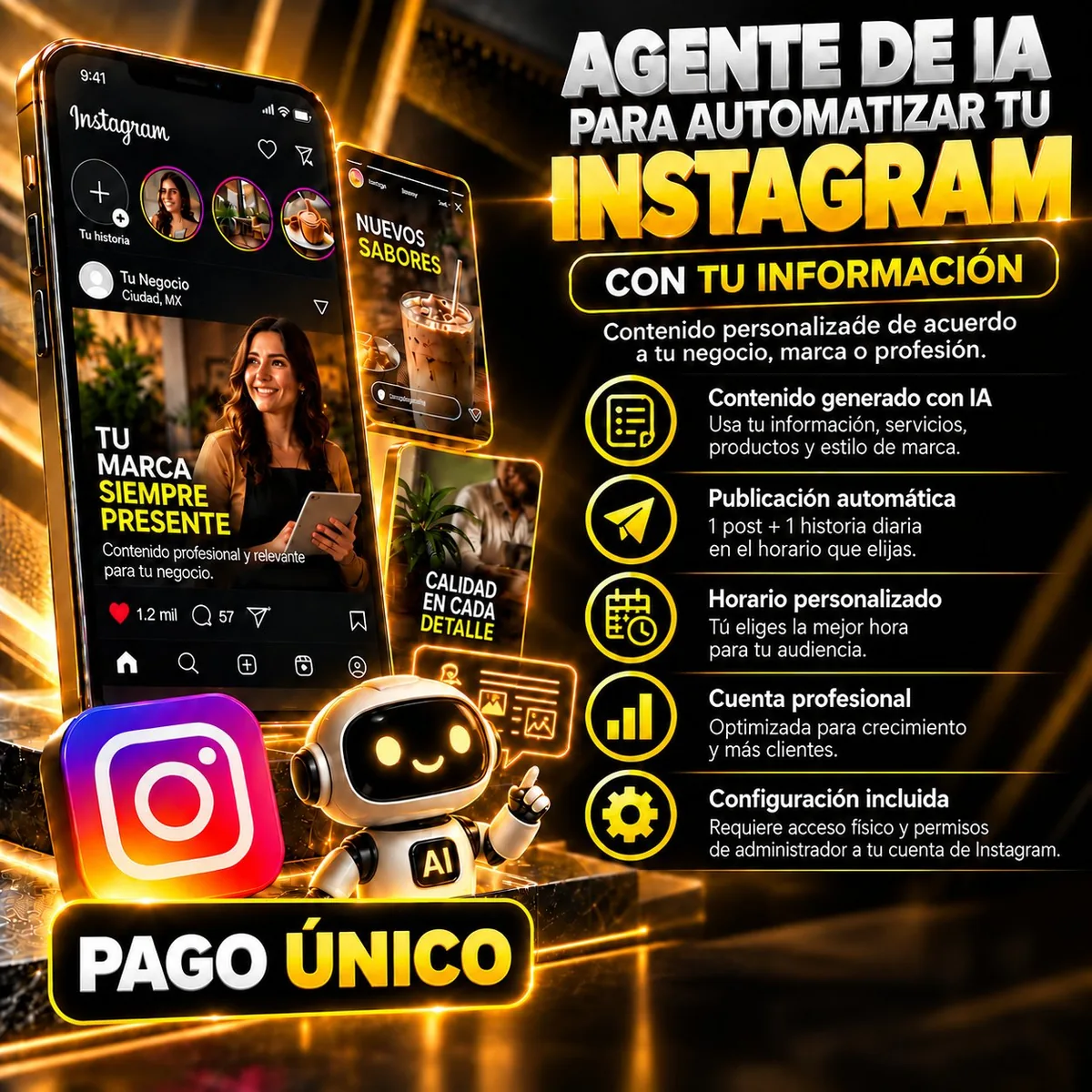 Flyer del Agente de IA para automatizar tu Instagram de Digitals Tools: contenido generado con IA, publicación automática diaria, cuenta profesional optimizada y configuración incluida, pago único