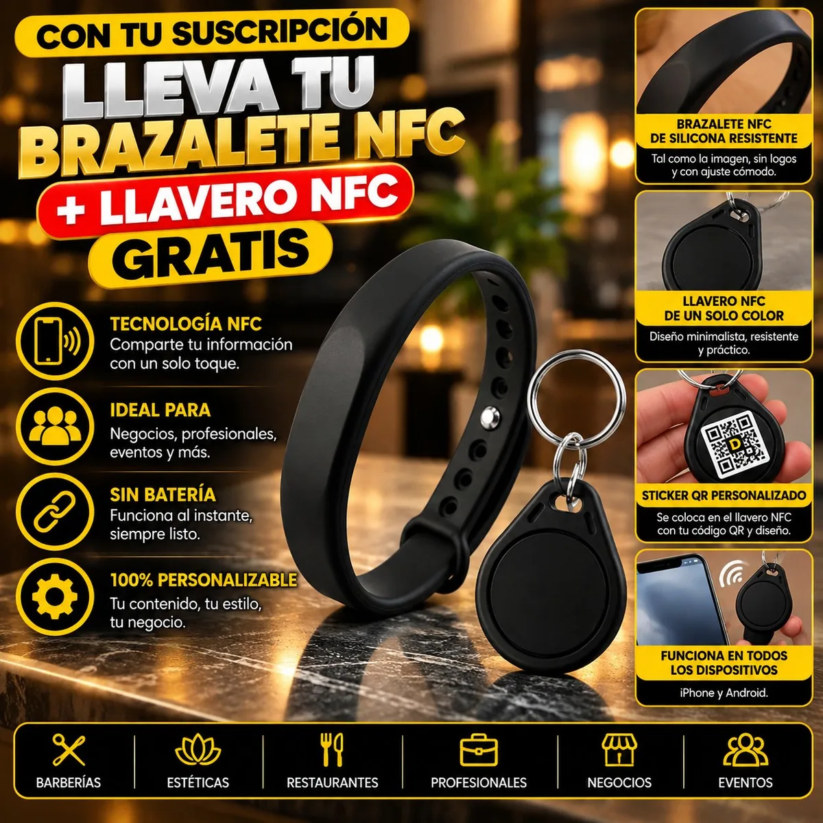 Brazalete NFC de silicona incluido gratis con la tarjeta digital: comparte tu información con un solo toque