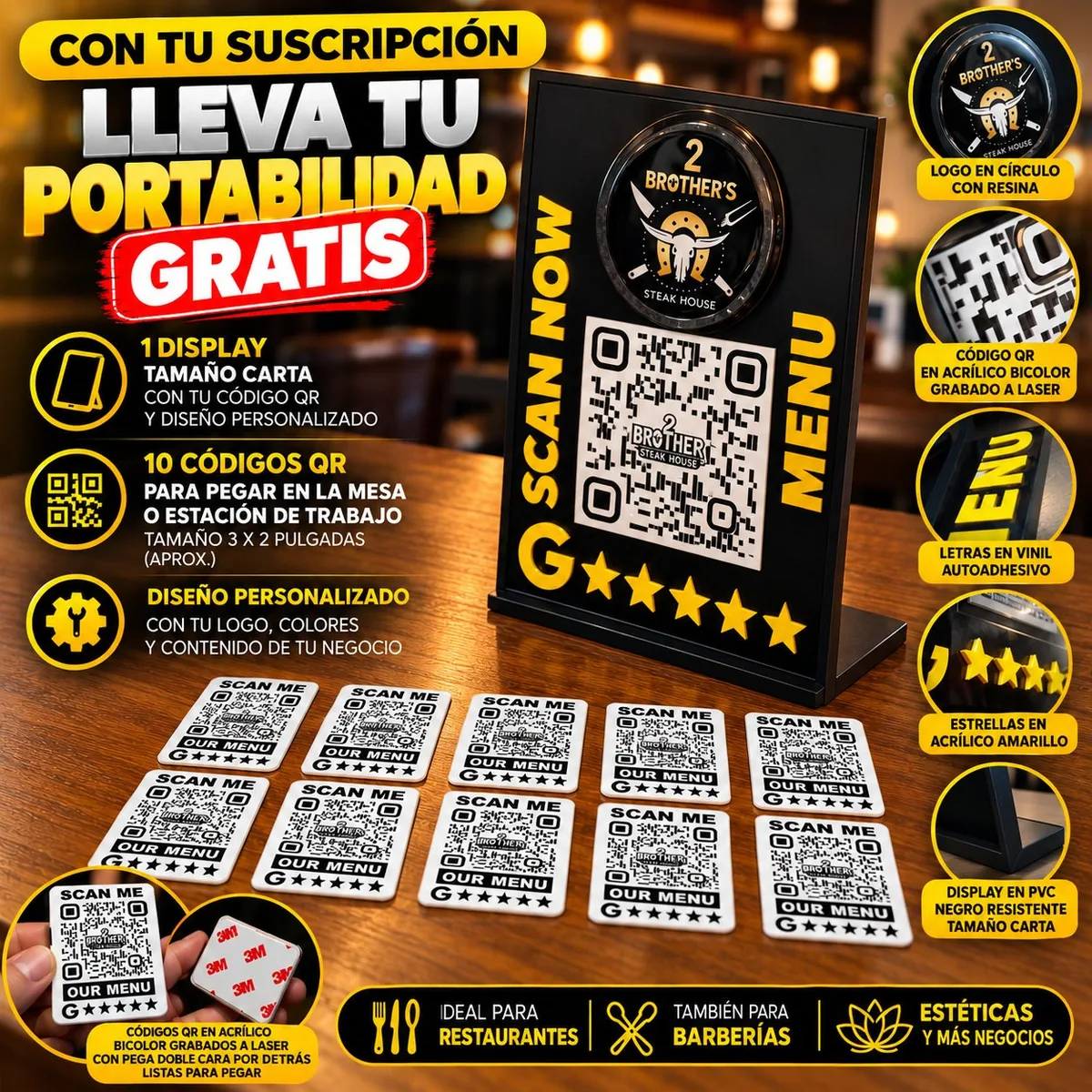 Display de mesa con código QR incluido gratis con la tarjeta digital: display tamaño carta y 10 códigos QR en acrílico