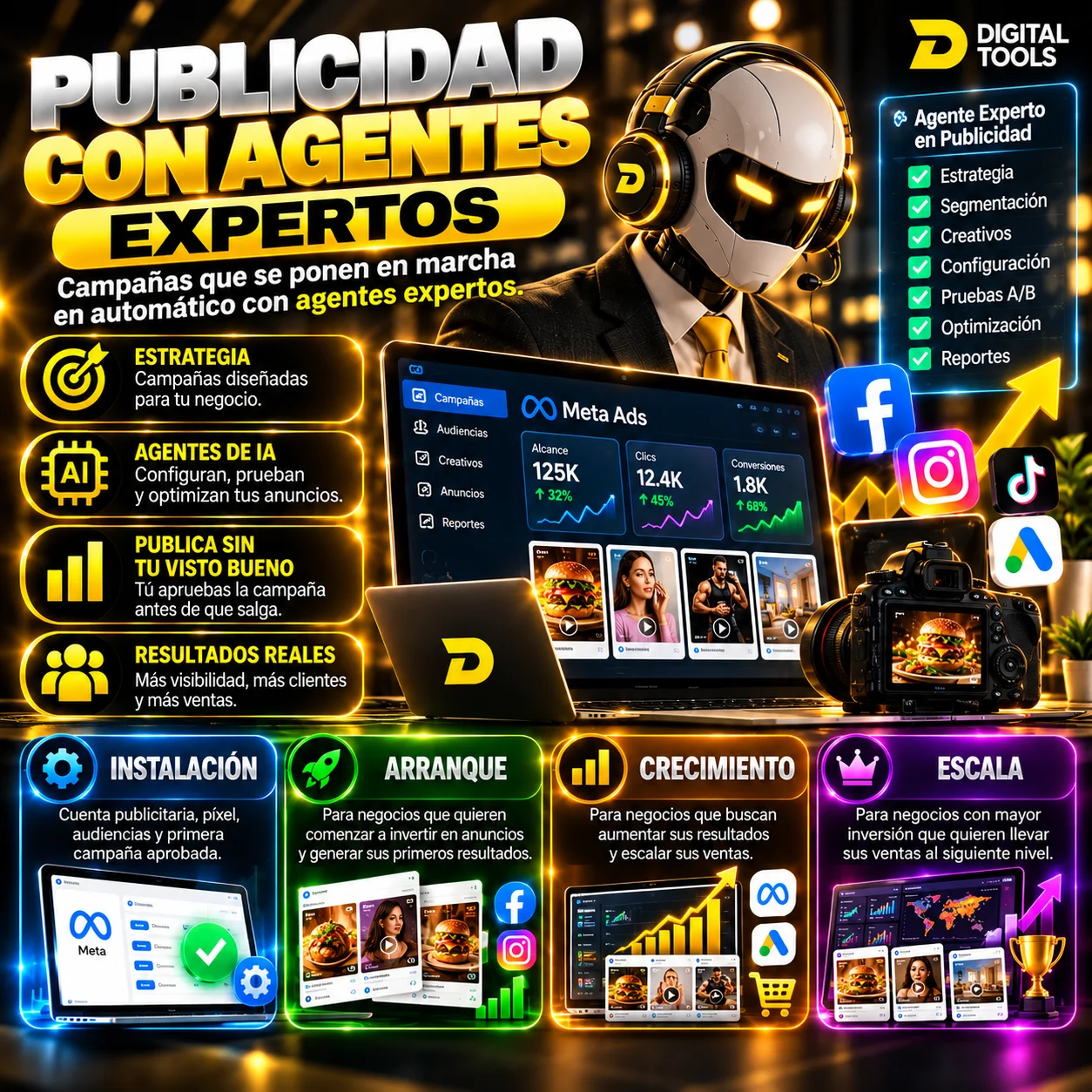 Flyer de Publicidad con agentes expertos de Digitals Tools: agente robot con audífonos, panel de Meta Ads y los cuatro niveles Instalación, Arranque, Crecimiento y Escala