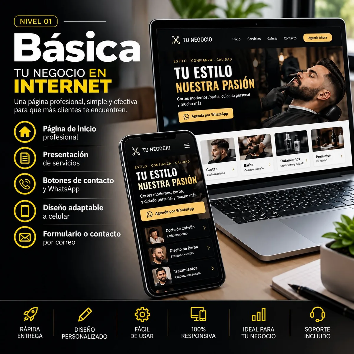 Flyer de Página web Básica de Digitals Tools: tu negocio merece una página web profesional, diseño moderno adaptable a todos los dispositivos, pago único