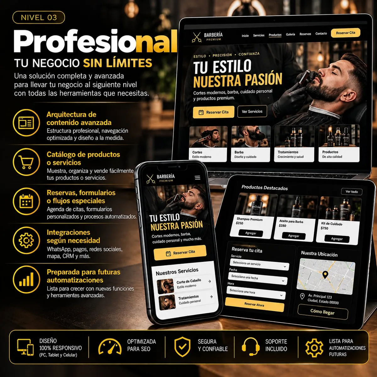 Flyer de Página web Profesional de Digitals Tools: tu negocio sin límites, una solución completa y avanzada, arquitectura de contenido avanzada, catálogo de productos o servicios, reservas y formularios, integraciones y preparada para futuras automatizaciones, pago único desde