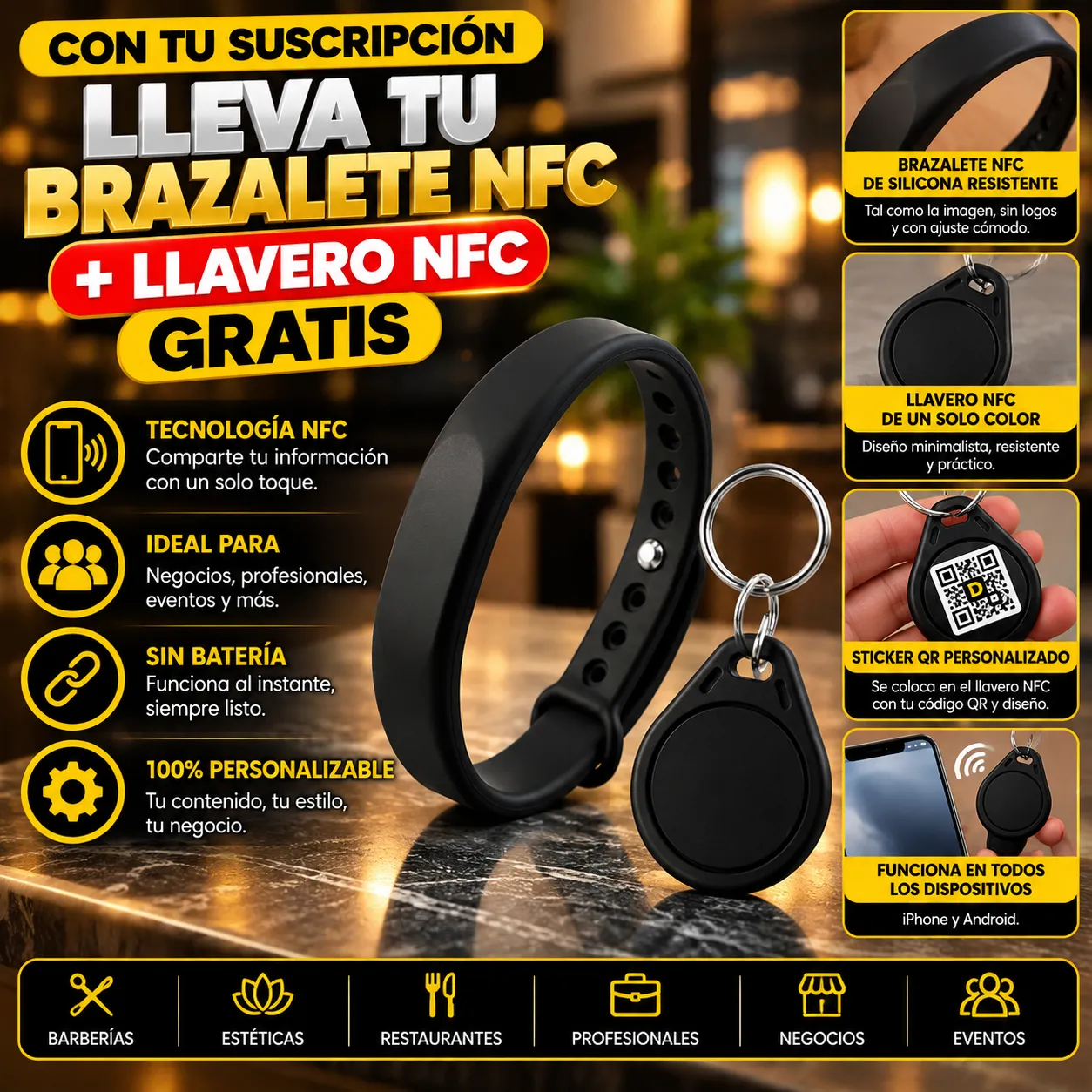 Con tu suscripción lleva tu brazalete NFC de silicona y llavero NFC gratis: comparte tu información con un solo toque, sin batería