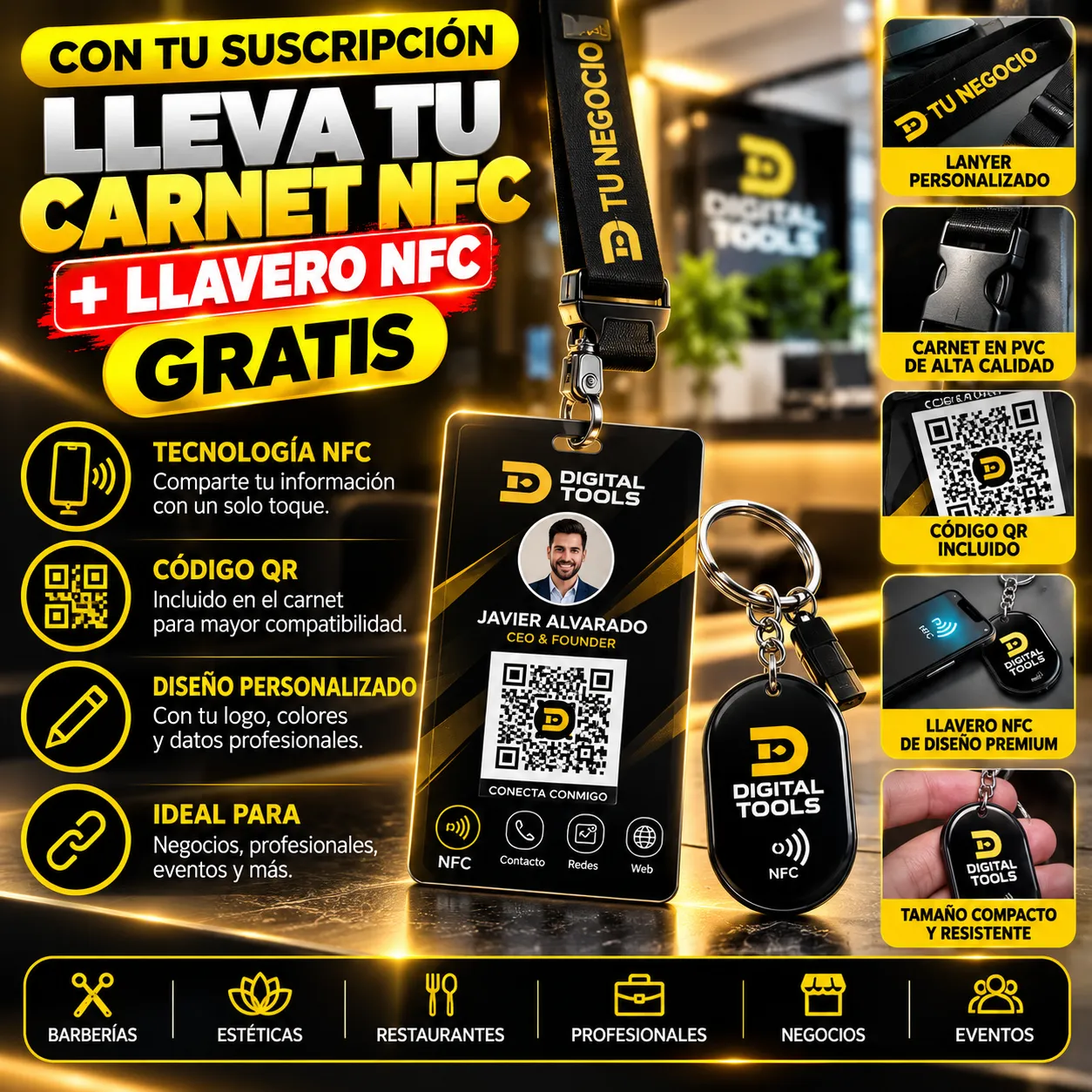 Con tu suscripción lleva tu carnet NFC personalizado en PVC con código QR y llavero NFC gratis