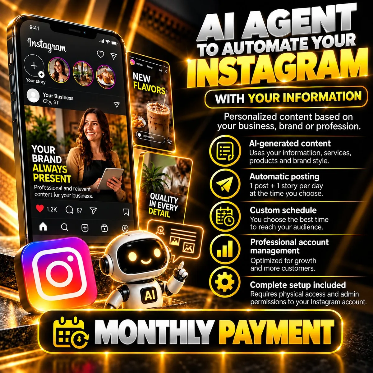 Instagram Automation flyer by Digitals Tools: 1 post plus 1 story daily with AI-generated content and automatic posting, monthly payment
