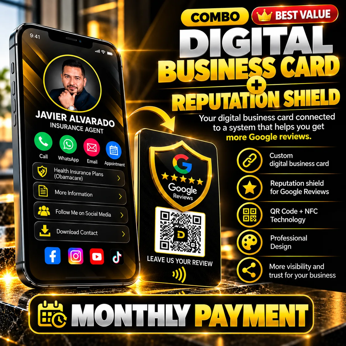 Digital Card + Shield Combo flyer by Digitals Tools: card with QR code, table display and Google reviews in a single plan