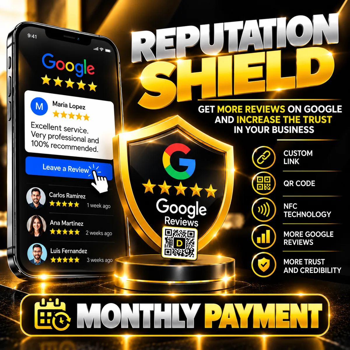 Reputation Shield flyer by Digitals Tools: golden Google Reviews shield to get more reviews and increase your sales