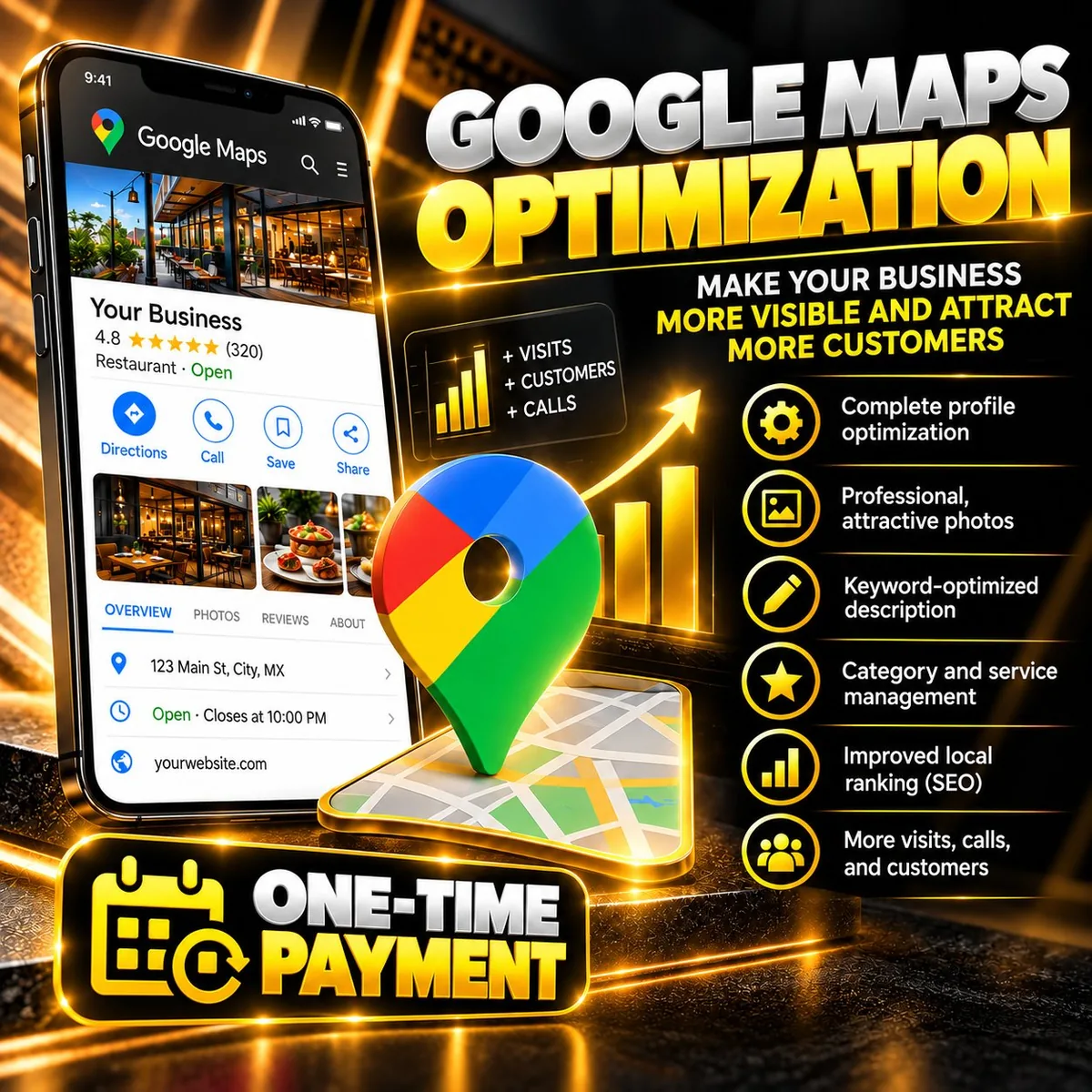 Google Maps Optimization flyer by Digitals Tools: make your business more visible and attract more customers, complete profile optimization, professional photos, keyword description, category management and local positioning, one-time payment