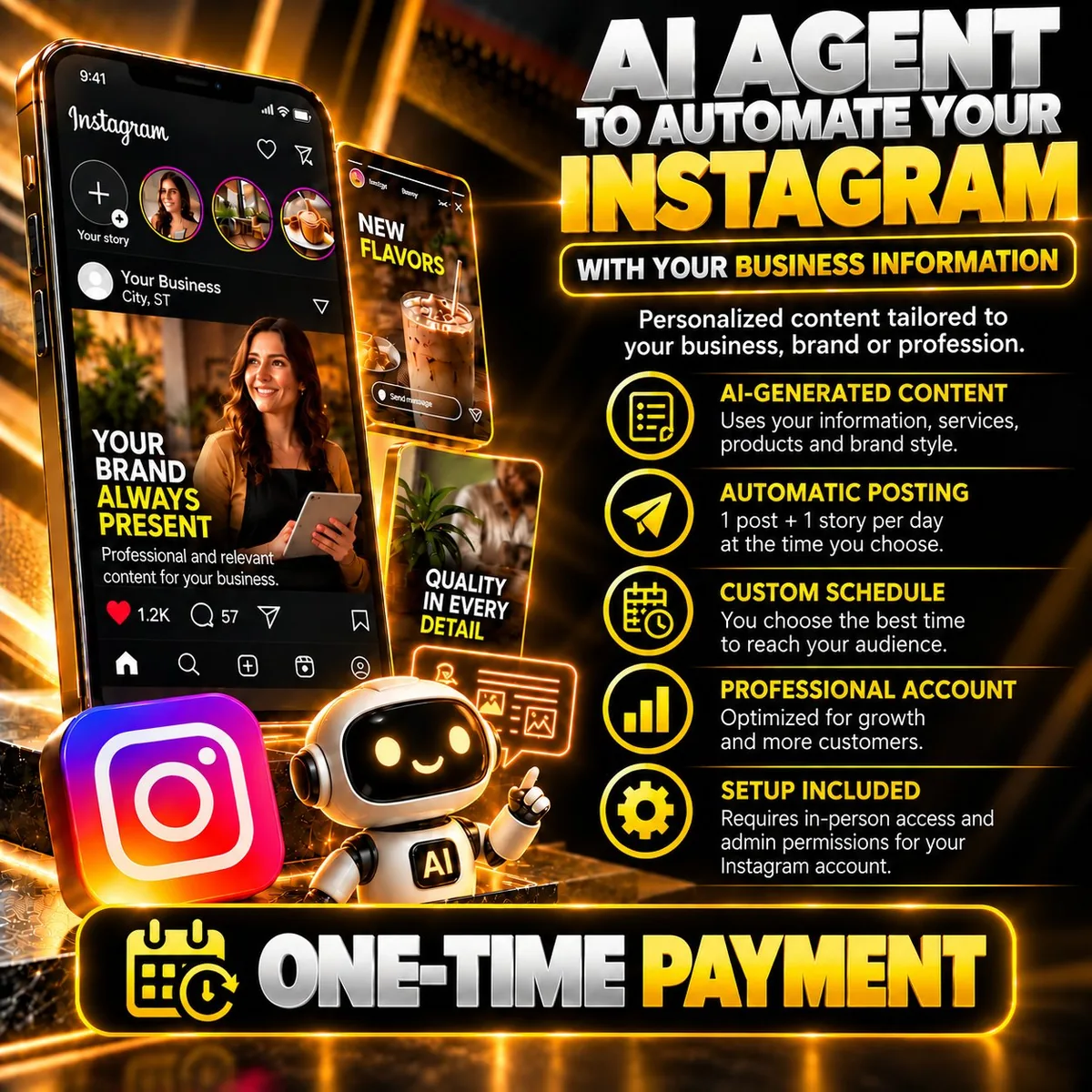 AI Agent to automate your Instagram flyer by Digitals Tools: AI-generated content, daily automatic posting, optimized professional account and setup included, one-time payment