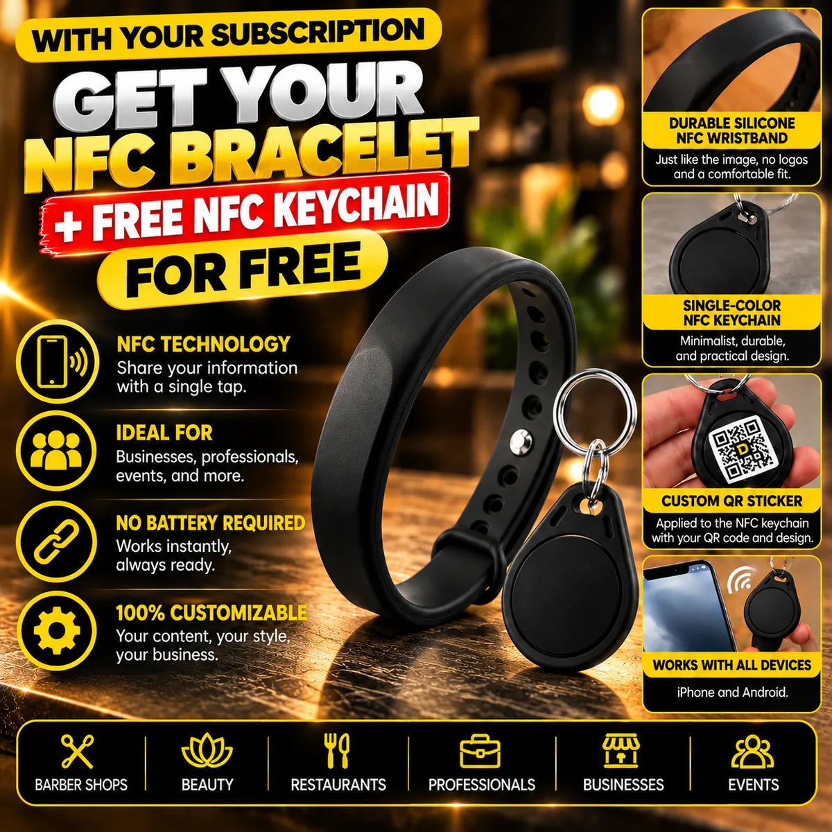 Silicone NFC bracelet included free with the digital card: share your information with a single tap
