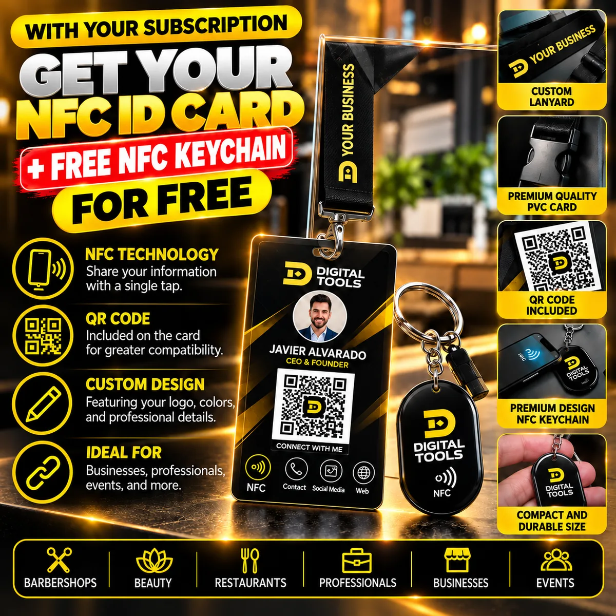 Personalized PVC NFC ID card with QR code included free with the digital card
