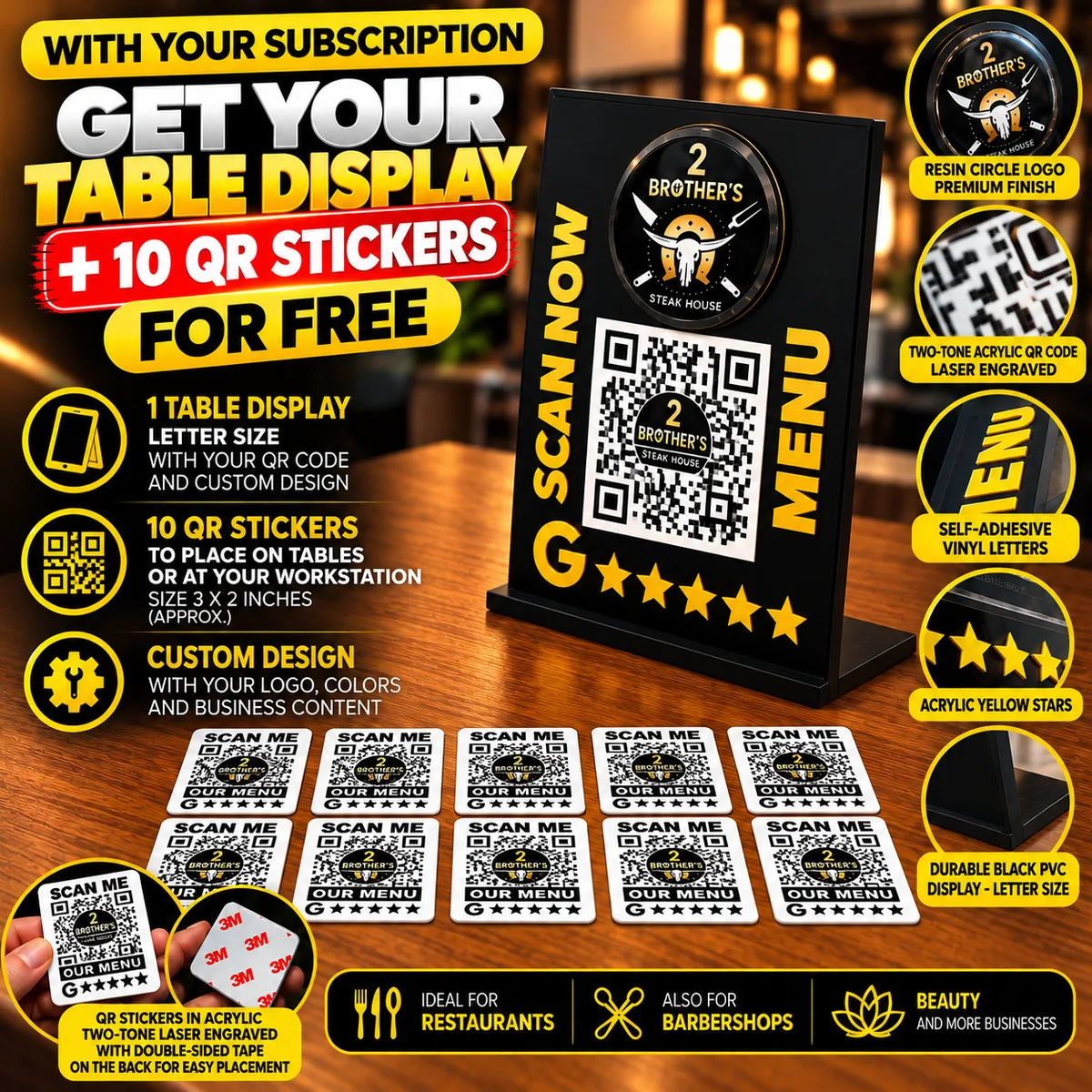 Table display with QR code included free with the digital card: letter-size display and 10 acrylic QR codes