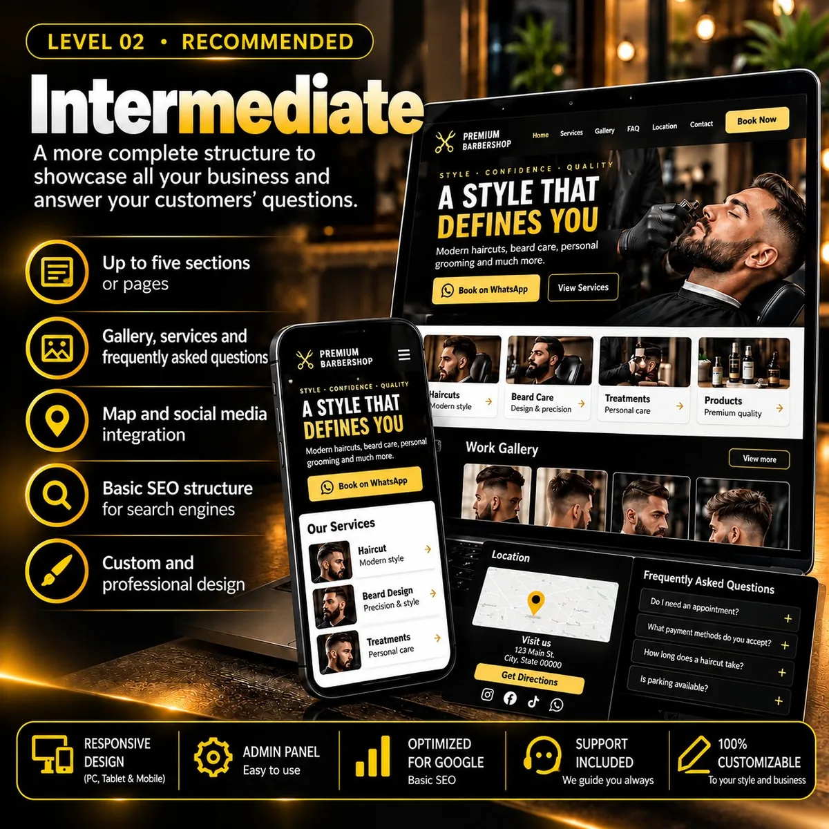 Intermediate Website flyer by Digitals Tools: a more complete structure to show your whole business and answer your customers’ questions, up to five sections or pages, gallery, services and FAQs, one-time payment from