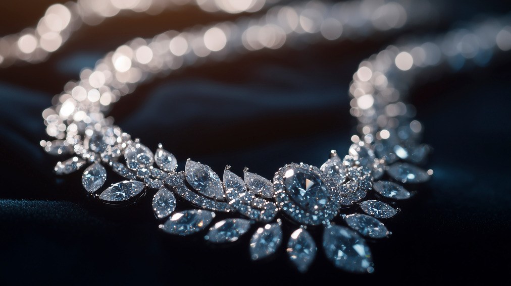 Collar de diamantes en fotografía macro con luz dramática de estudio — plantilla AURELLE
