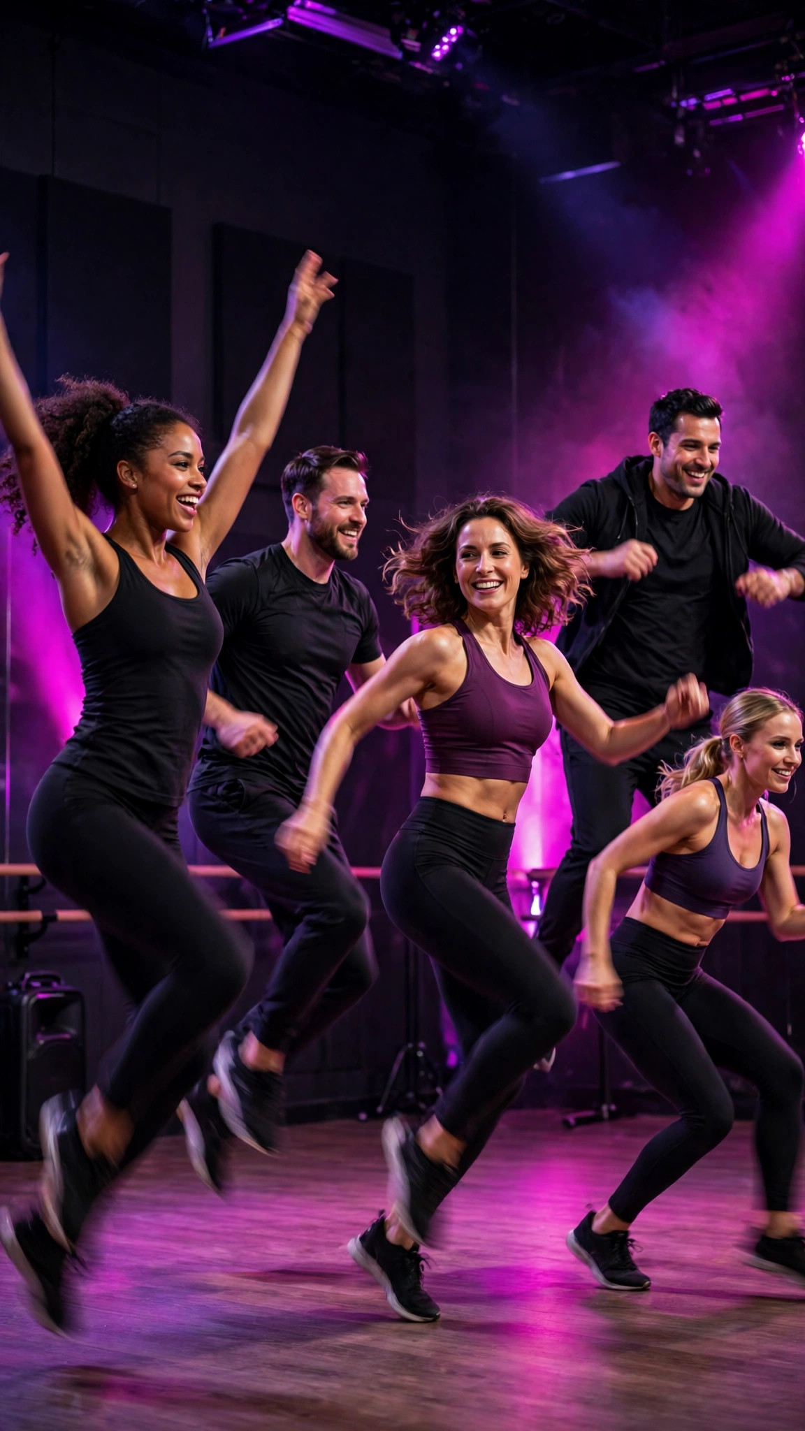 Bailarines adultos en una coreografía grupal en un estudio de baile, sin menores identificables — plantilla ACADEMIA DE BAILE