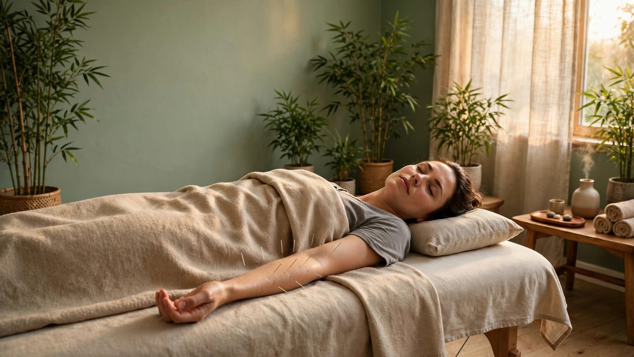 Sesión de acupuntura en una sala serena verde salvia con bambú y luz cálida — plantilla DIGITALS AI ACUPUNCTURE
