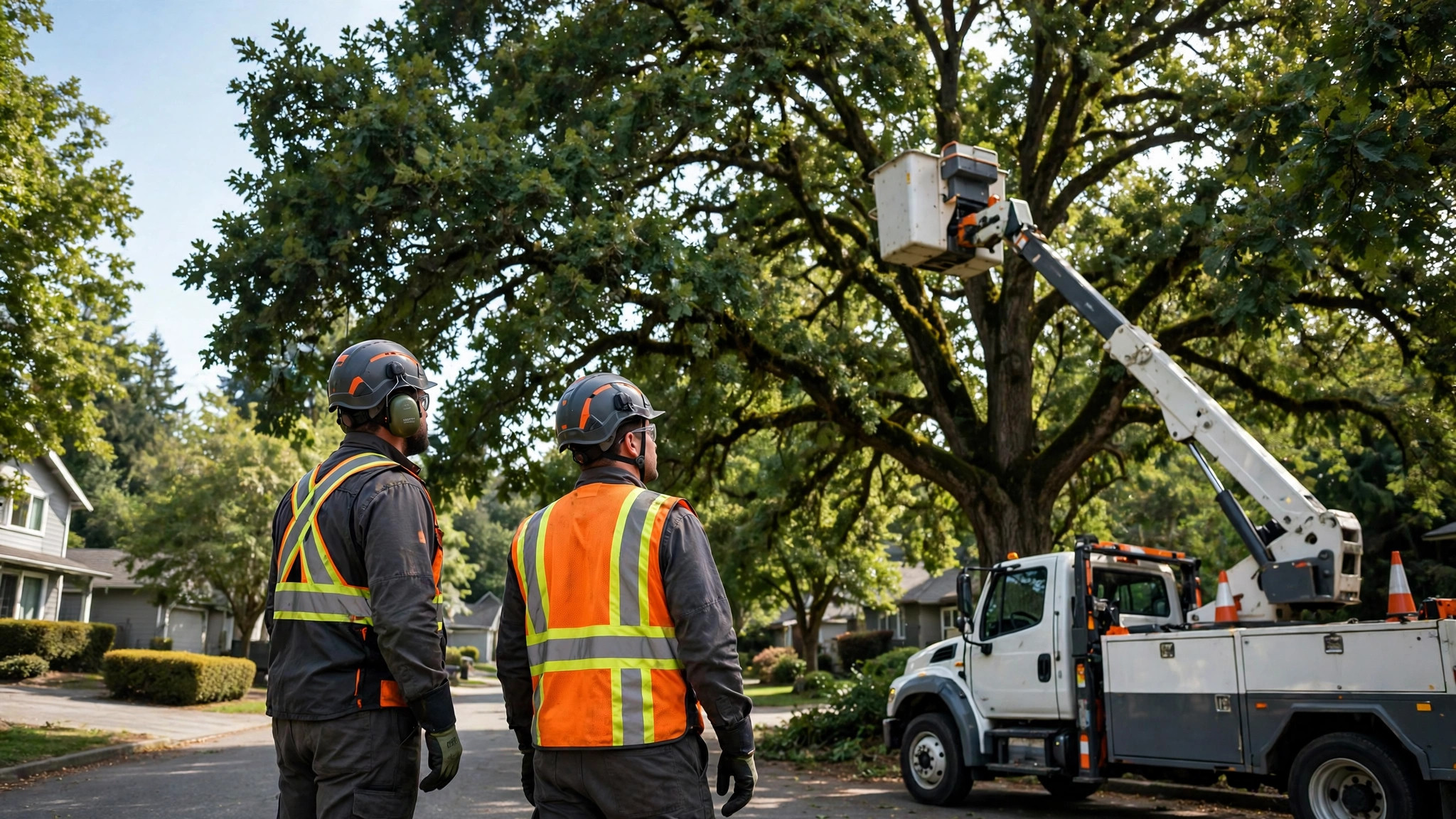 Equipo profesional de servicios de árboles con equipo de protección junto a un árbol grande y su camión plataforma — plantilla DIGITALS AI TREE SERVICE
