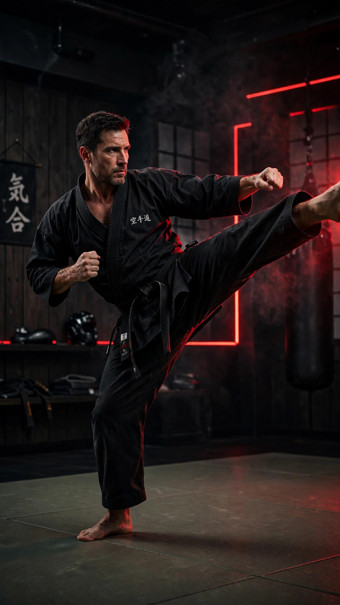 Practicante adulto de artes marciales ejecutando una técnica en un dojo oscuro, sin menores identificables — plantilla ARTES MARCIALES