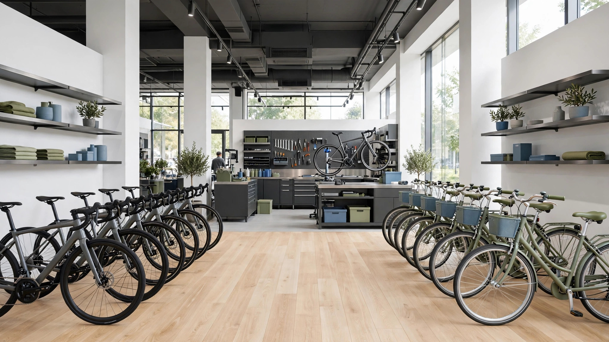 Tienda y taller de bicicletas premium con showroom, bicicletas de ruta, montaña y eléctricas y taller de servicio — plantilla BICICLETAS Y E-BIKES