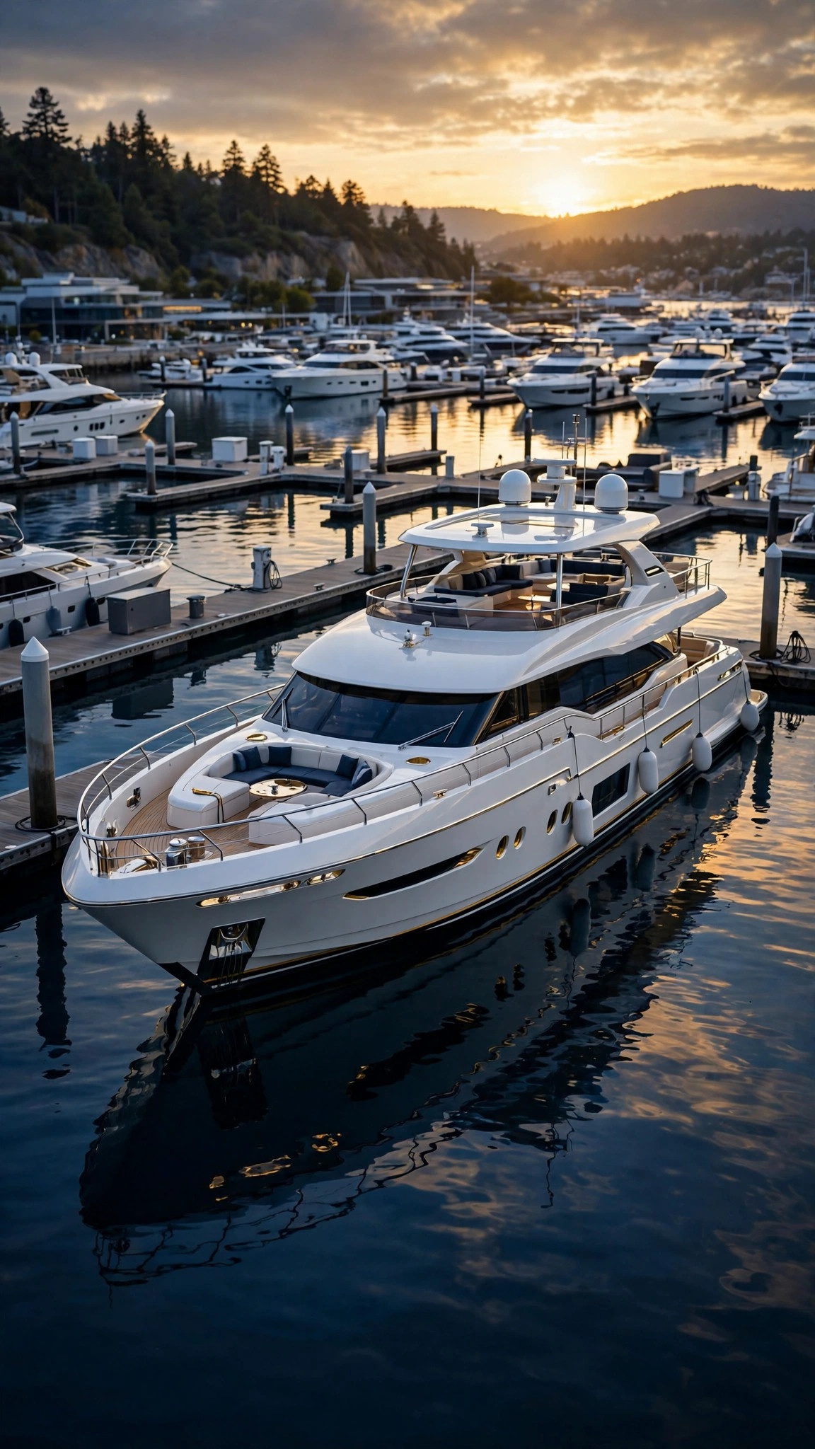 Técnico marino trabajando en el motor de un yate en una marina premium al atardecer — plantilla REPARACIÓN DE BOTES Y MARINAS