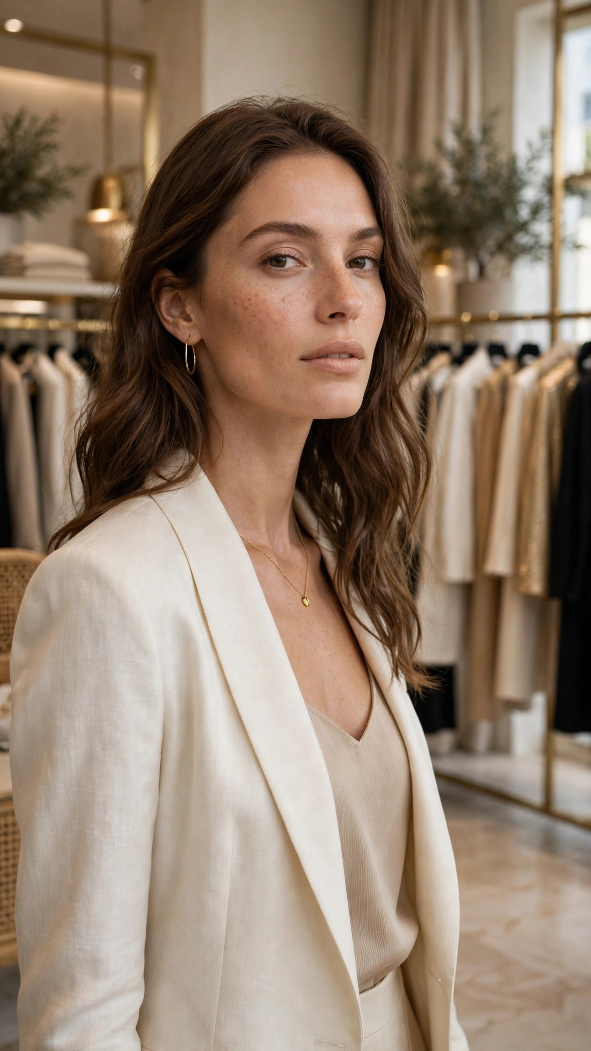 Modelo adulta con conjunto editorial marfil y beige en una boutique de ropa — plantilla BOUTIQUE DE ROPA
