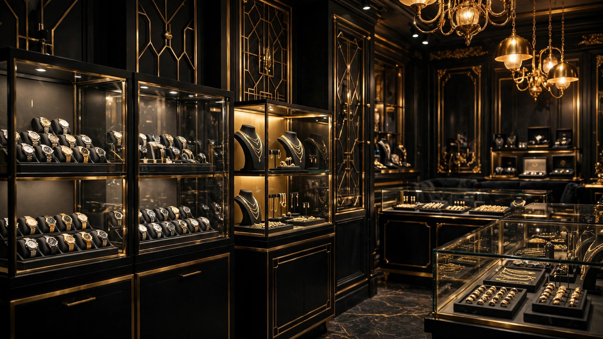 Interior premium de una casa de empeño con vitrinas de relojes y joyería de oro — plantilla CASAS DE EMPEÑO