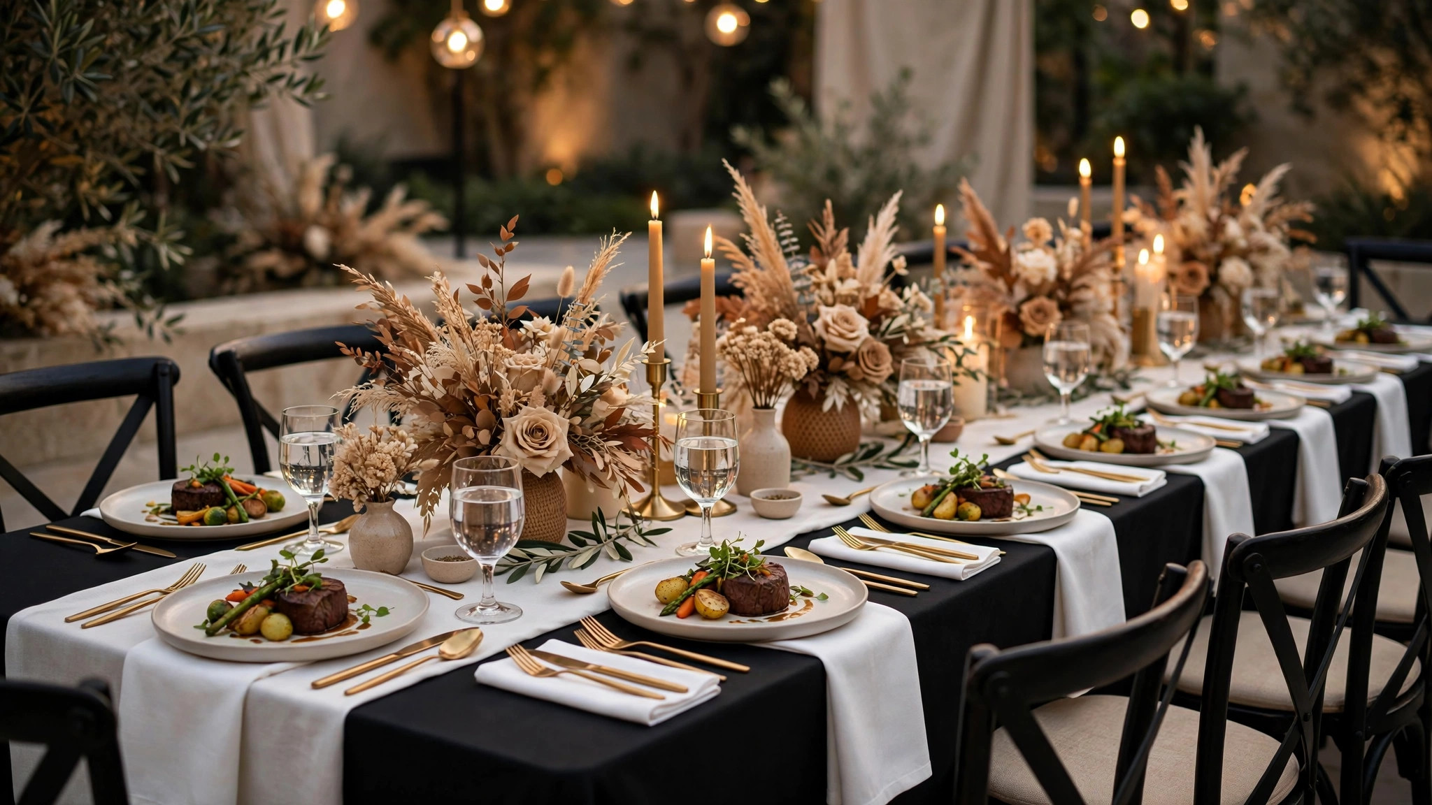 Mesa de banquete elegantemente montada con vajilla dorada de demostración — plantilla DIGITALS AI CATERING