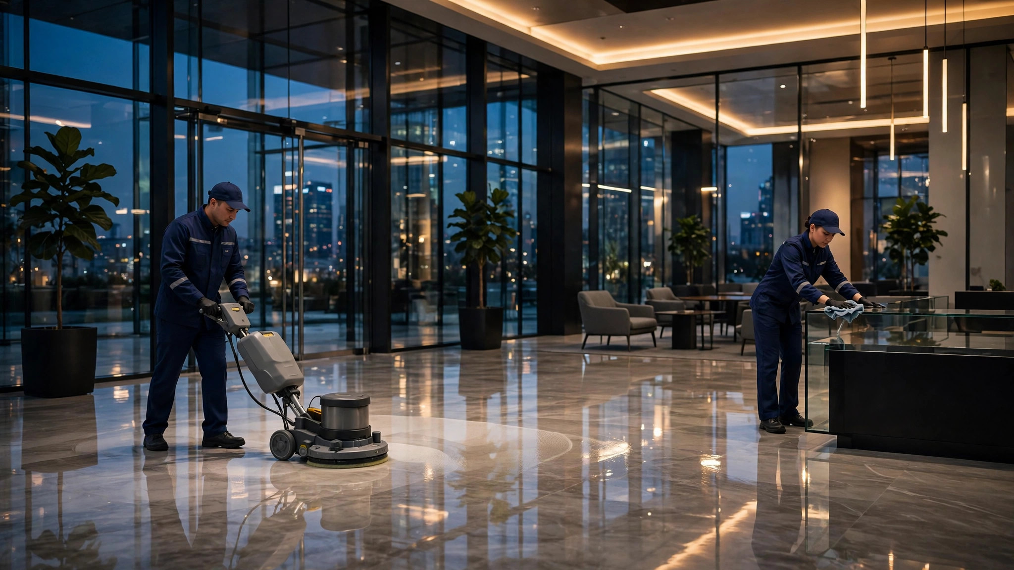 Lobby corporativo moderno siendo limpiado por un equipo profesional — plantilla LIMPIEZA COMERCIAL
