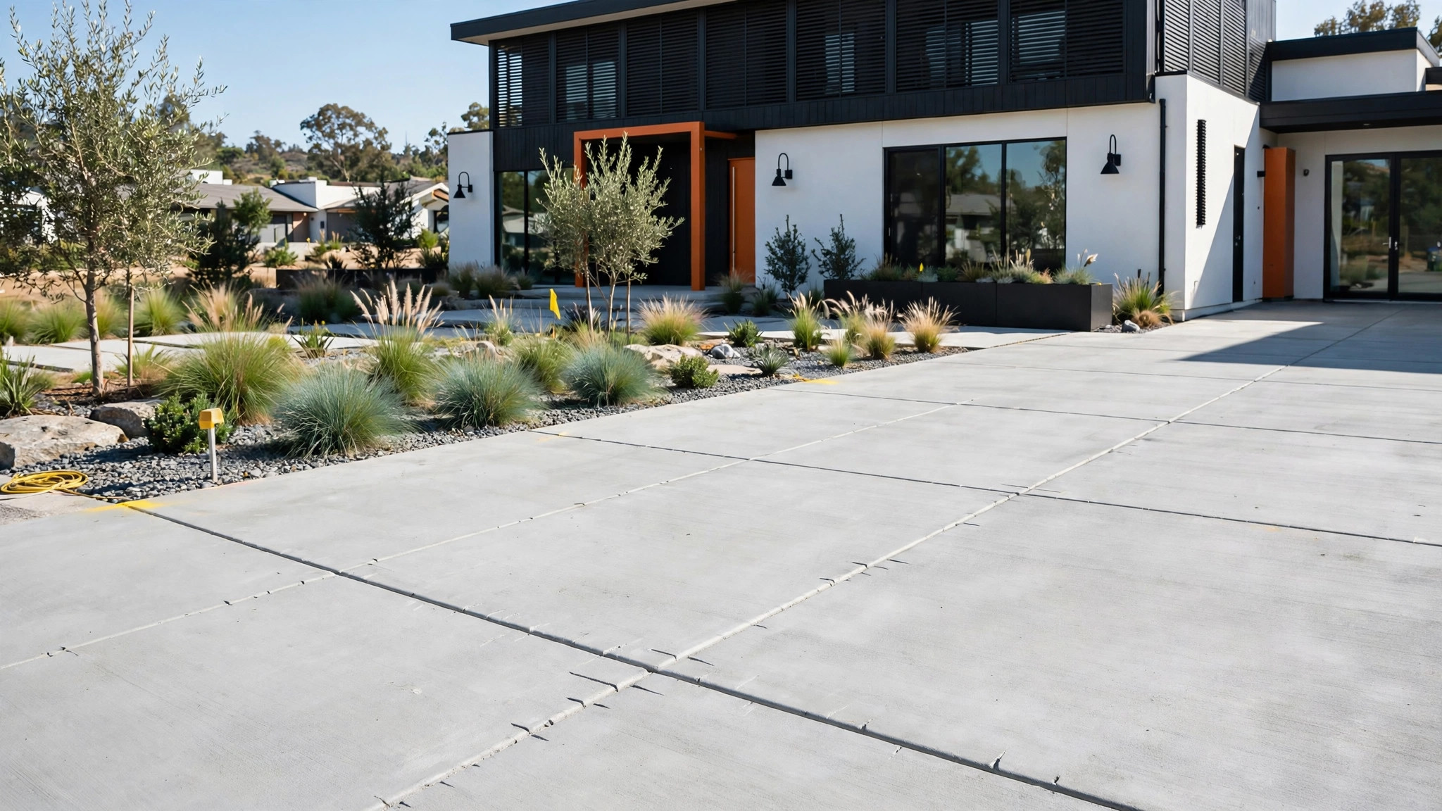 Entrada residencial de concreto recién terminada frente a una vivienda moderna — plantilla DIGITALS AI CONCRETE