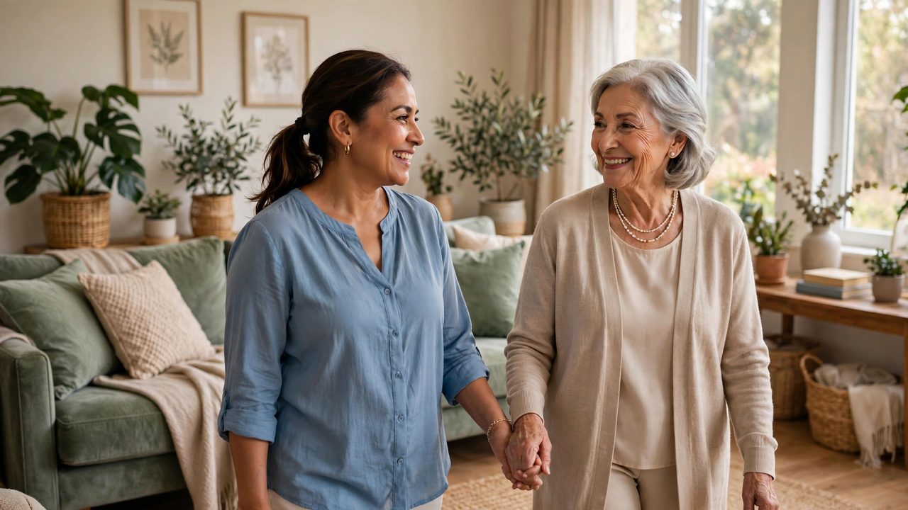 Cuidadora acompañando con cariño a una señora mayor en la sala de su casa, tomadas de la mano — plantilla DIGITALS AI SENIOR CARE