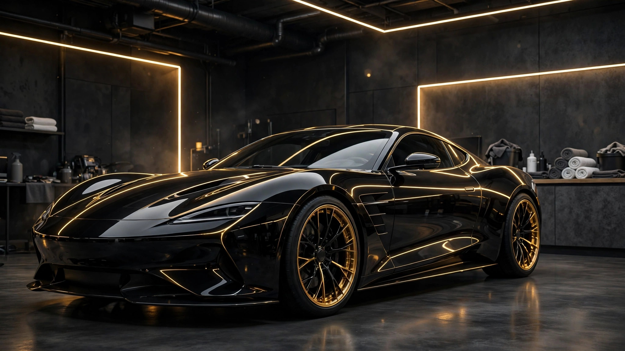 Automóvil deportivo negro con acabado brillante tras un detallado de muestra — plantilla DIGITALS AI AUTO DETAILING