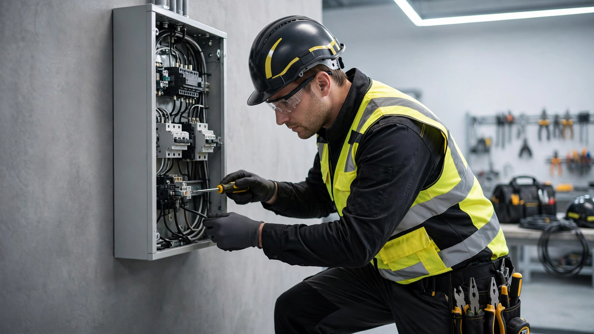 Electricista profesional trabajando en un panel eléctrico moderno amarillo y negro — plantilla DIGITALS AI ELECTRICIANS