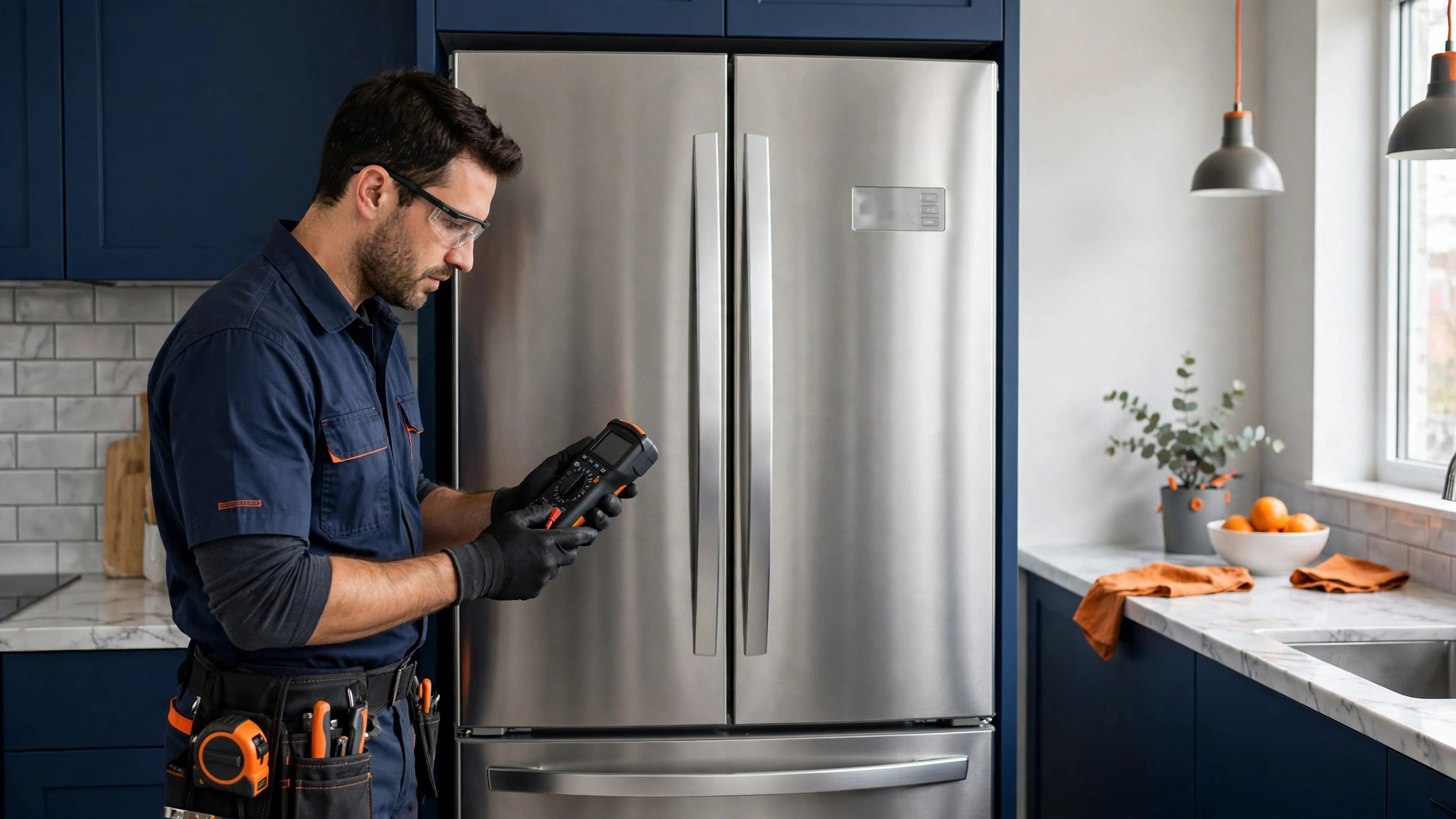 Técnico de electrodomésticos con guantes y gafas de seguridad revisando un refrigerador en una cocina moderna — plantilla DIGITALS AI APPLIANCE REPAIR