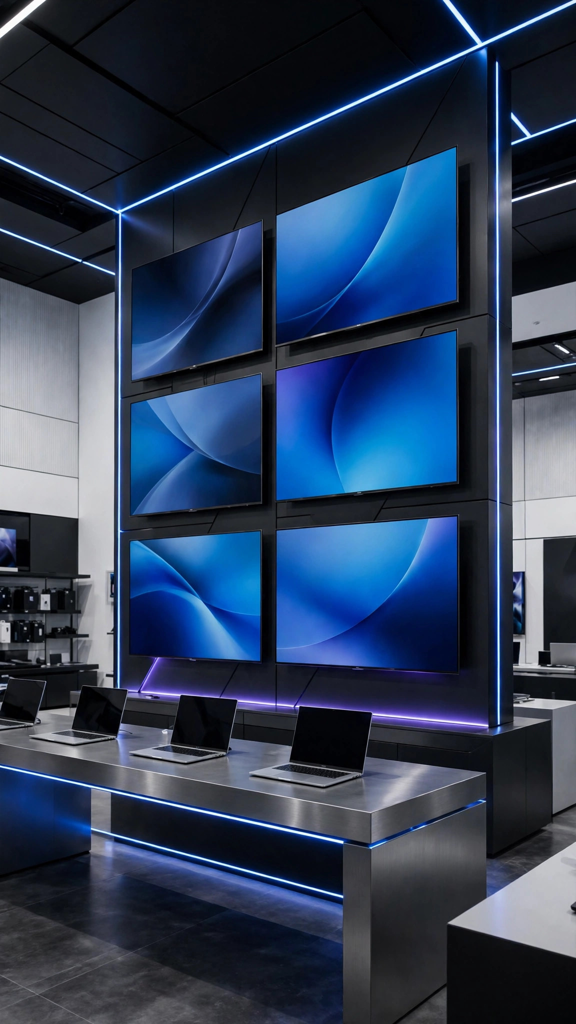 Interior de una tienda de electrónica moderna con televisores azules y laptops en exhibición — plantilla TIENDA DE ELECTRÓNICA