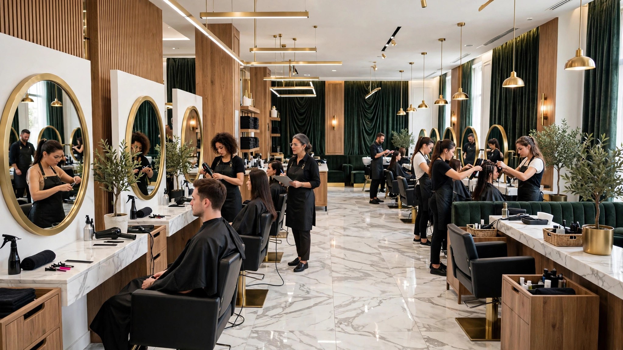 Academia de belleza premium con espejos dorados y mármol, estudiantes practicando con clientes bajo supervisión de instructores — plantilla ESCUELAS DE BELLEZA