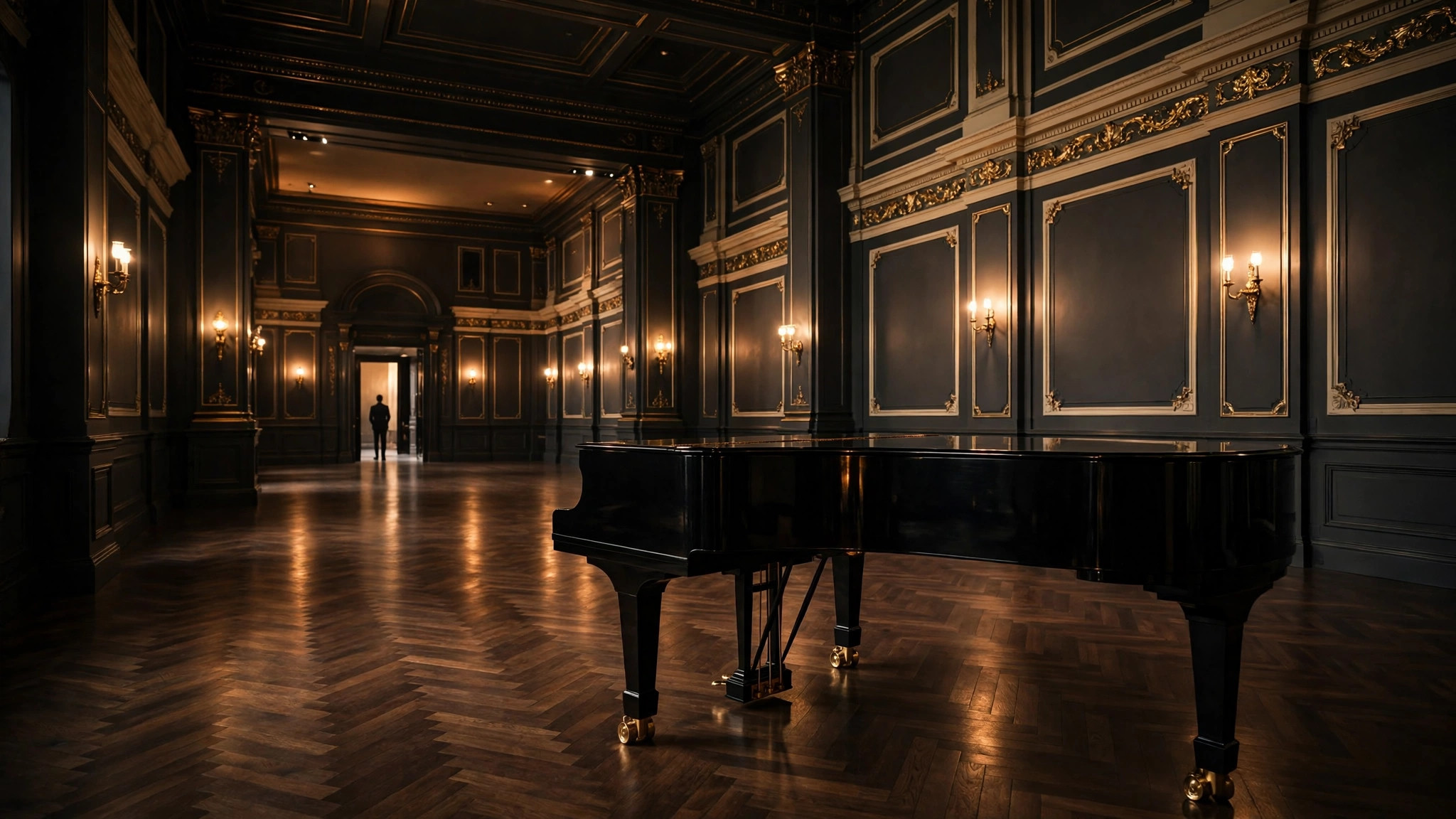 Piano de cola negro en el salón principal de una academia de música premium — plantilla ESCUELAS DE MÚSICA